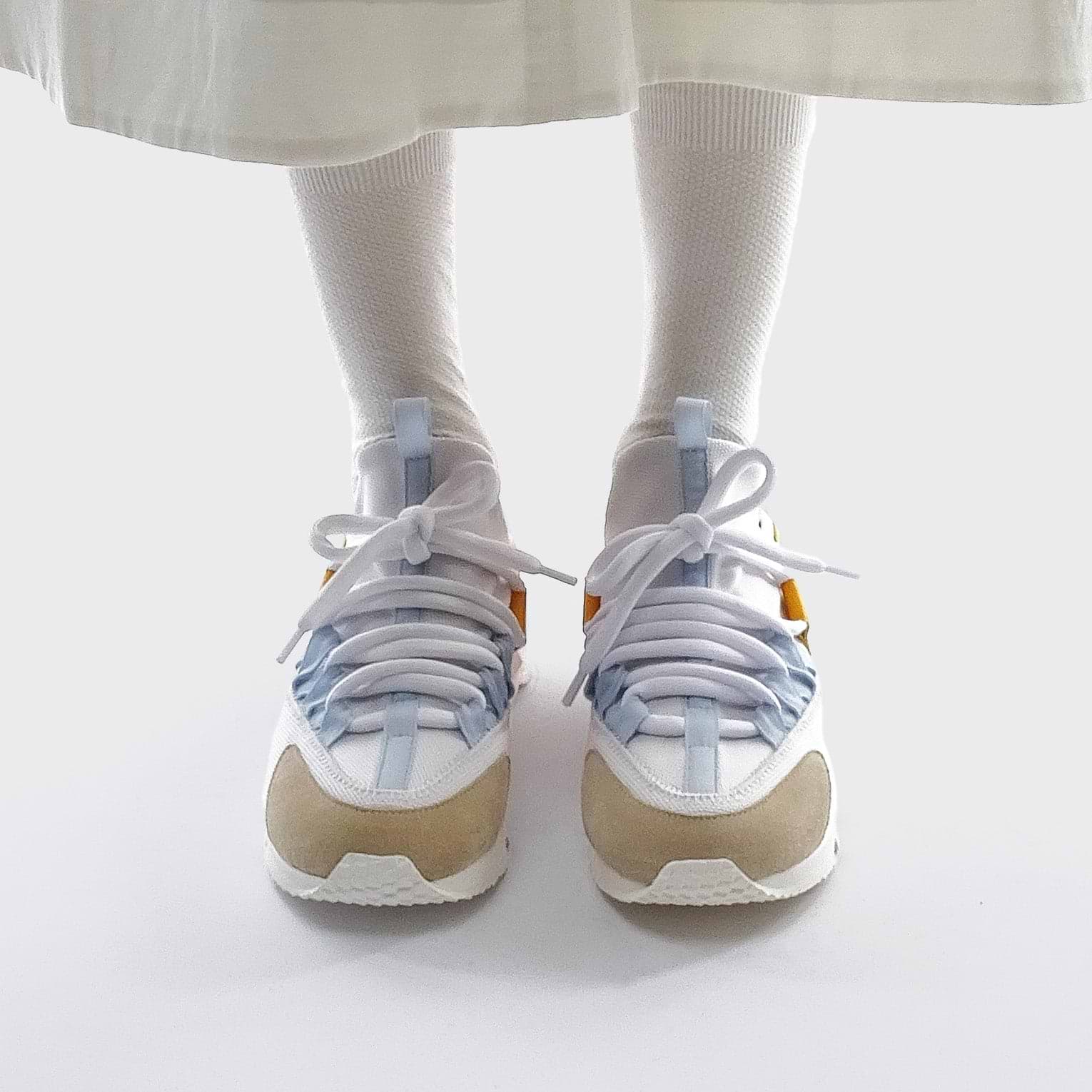 Pierre Hardy TREK COMET SNEAKERS, white nylon canvas, beige suede calfskin, sun kidskin and pink & white calfskin, view 4
