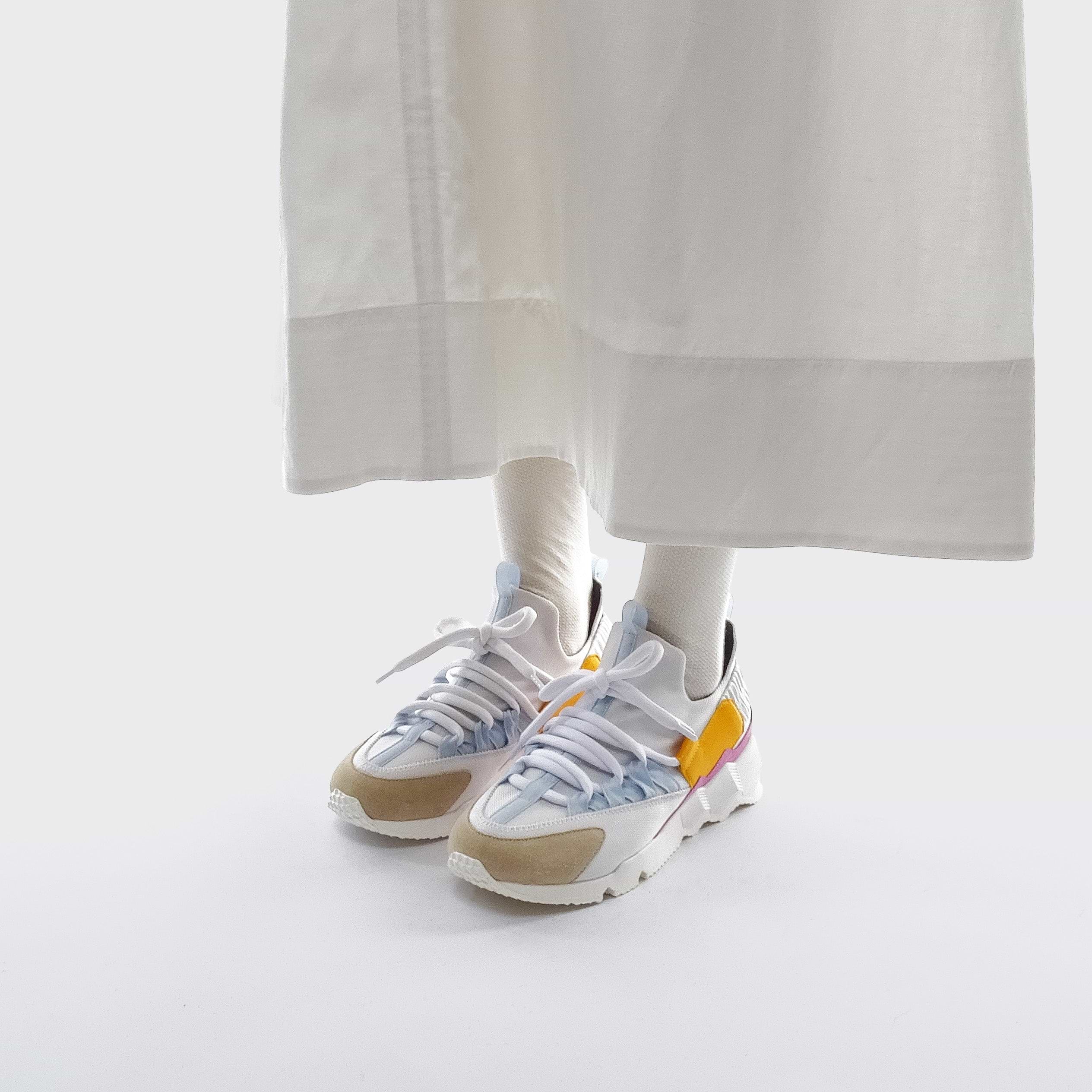 Pierre Hardy TREK COMET SNEAKERS, white nylon canvas, beige suede calfskin, sun kidskin and pink & white calfskin, view 5