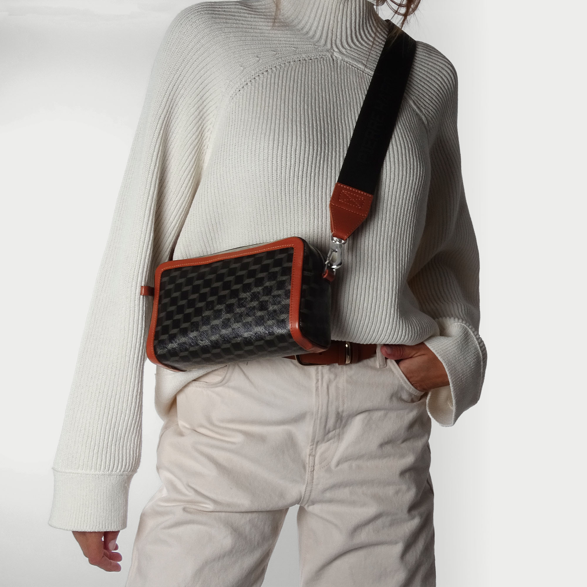 Pierre Hardy MAXI CUBE BOX BAG, black cube perspective coated canvas and rust calfskin, view 3
