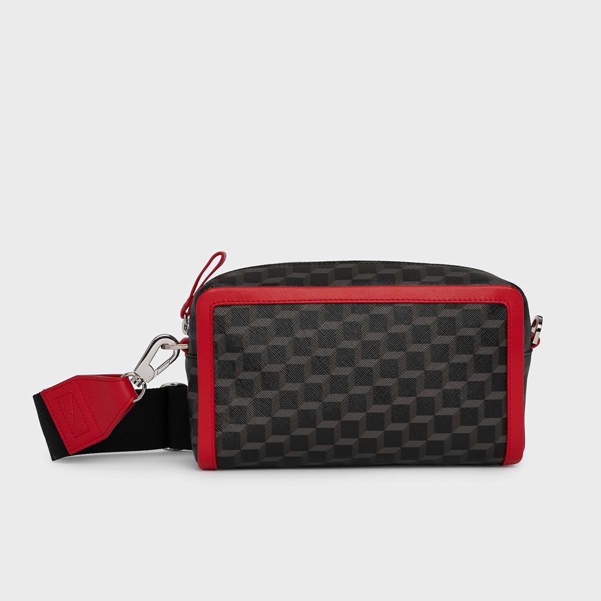 Pierre Hardy MAXI CUBE BOX BAG, black cube coated canvas and red calfskin