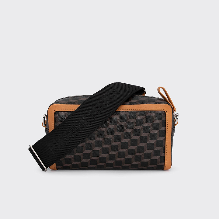 Pierre Hardy MAXI CUBE BOX BAG, black perspective cube coated canvas and tan calfskin trims, view 7