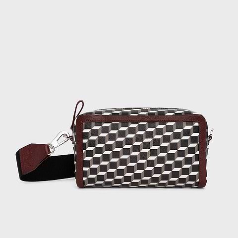 Pierre Hardy MAXI CUBE BOX BAG, cube perspective coated canvas and burgundy grained kidskin