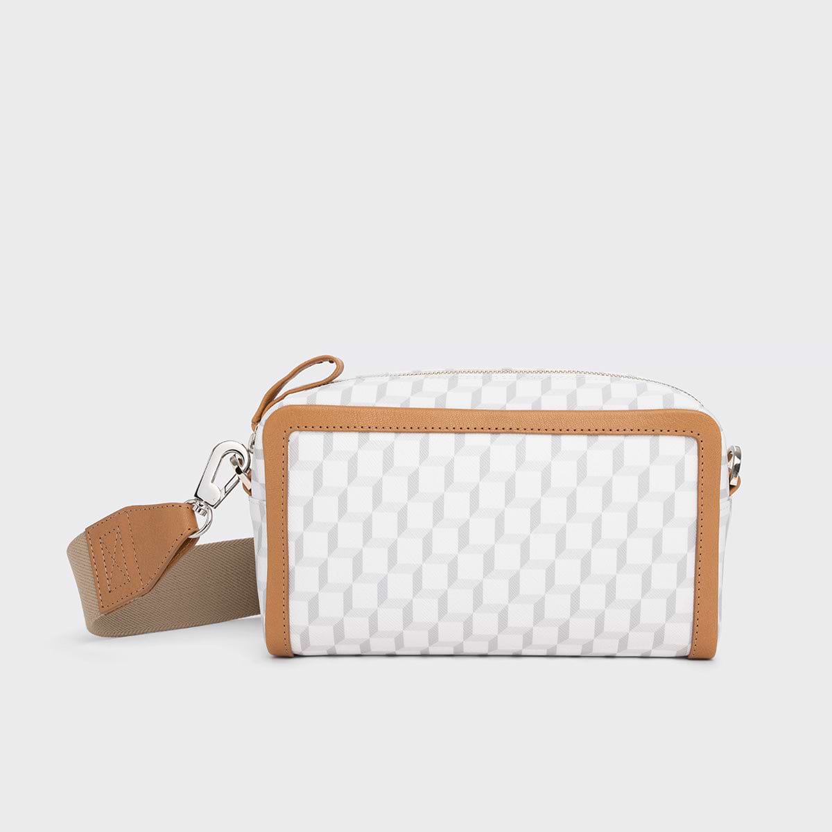 Pierre Hardy MAXI CUBE BOX BAG, white cube perspective coated canvas and camel grained kidskin