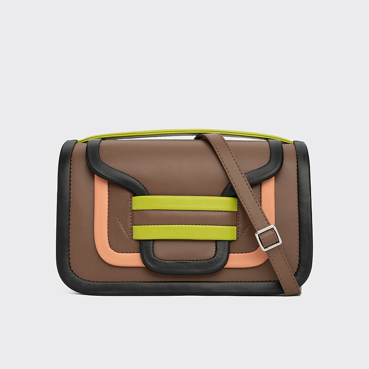 Pierre Hardy ALPHA MAXI HANDBAG, camel calfskin and black, lime and apricot lambskin