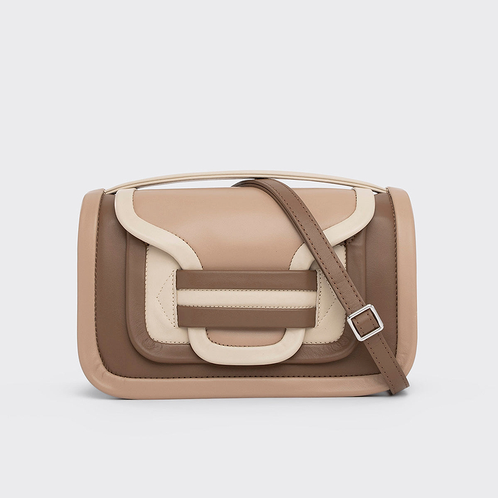 Pierre Hardy ALPHA MAXI HANDBAG, taupe, camel and off-white calfskin