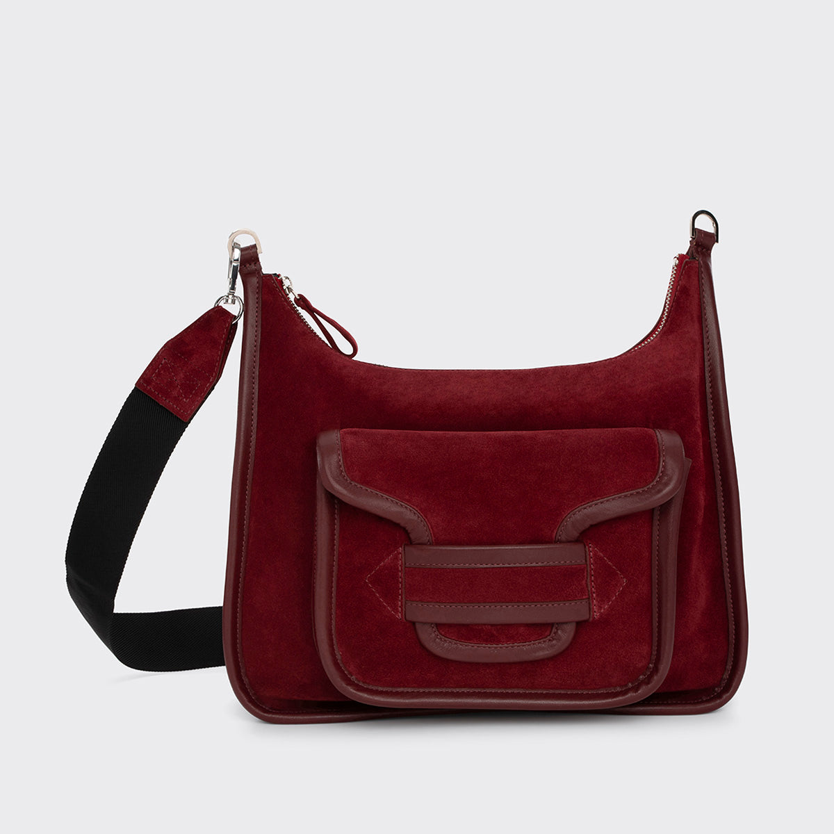 Pierre Hardy ALPHA DAY BAG, carmine red suede calfskin and burgundy calfskin
