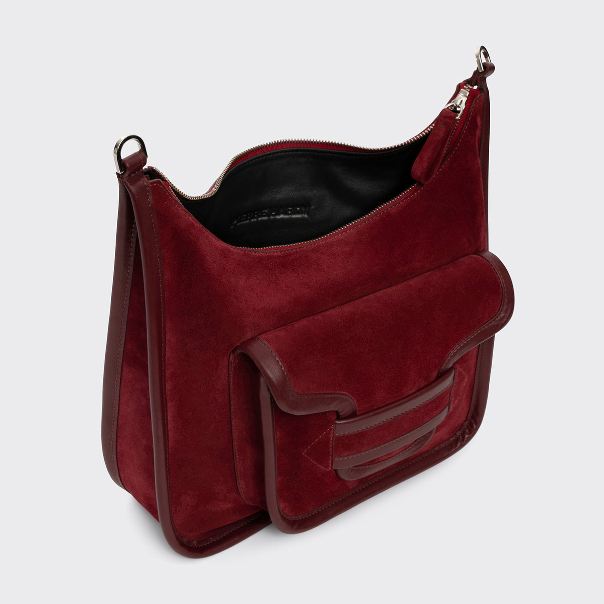 Pierre Hardy ALPHA DAY BAG, carmine red suede calfskin and burgundy calfskin, view 3