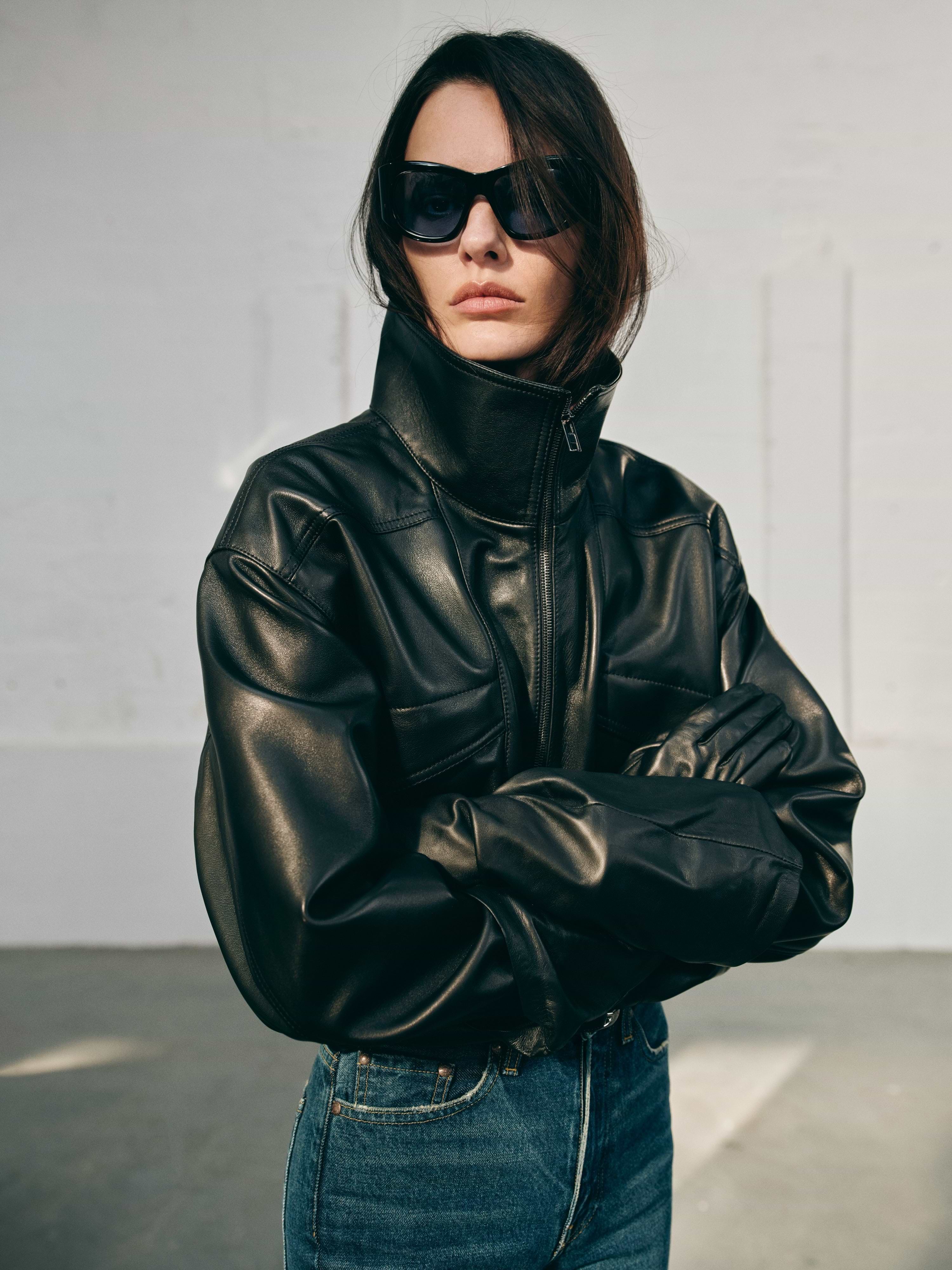 AFLALO Zadie Jacket in Leather – Black - Campaign Model Front Close Up