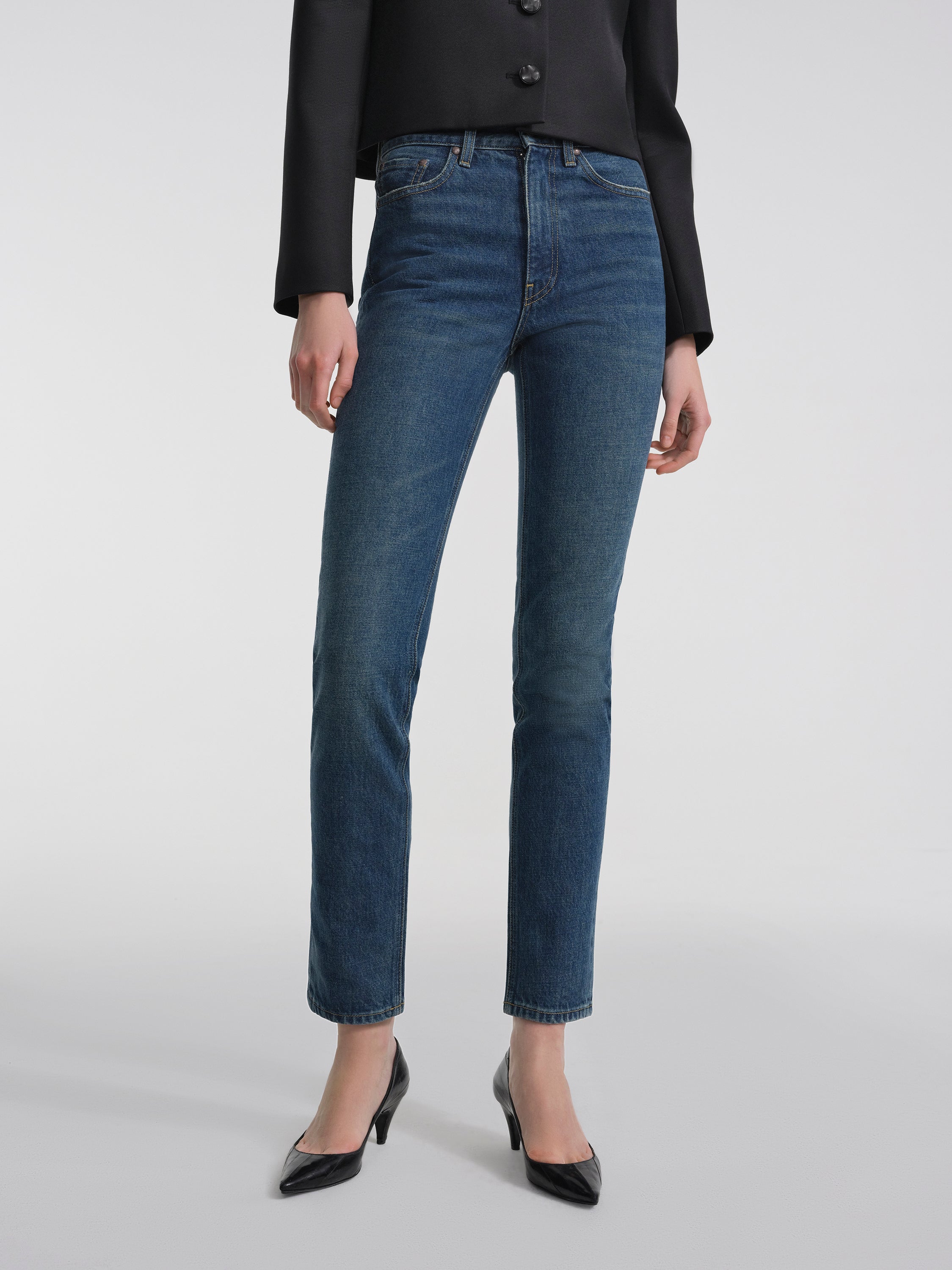 AFLALO Duras Jean in Rigid Denim – Subdued Indigo - Model Front Focus
