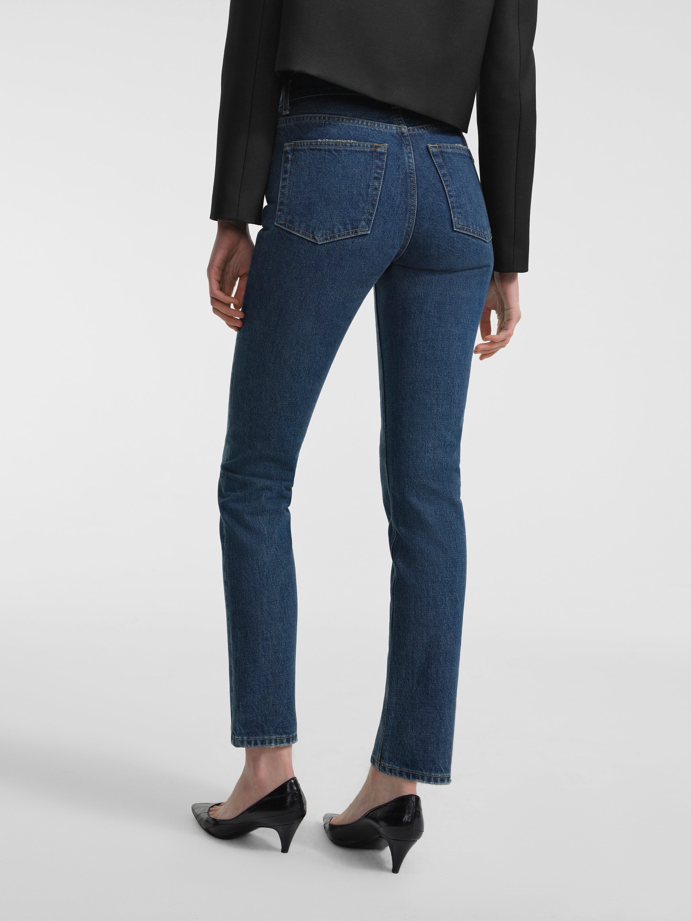 AFLALO Duras Jean in Rigid Denim – Subdued Indigo - Model Back Focus