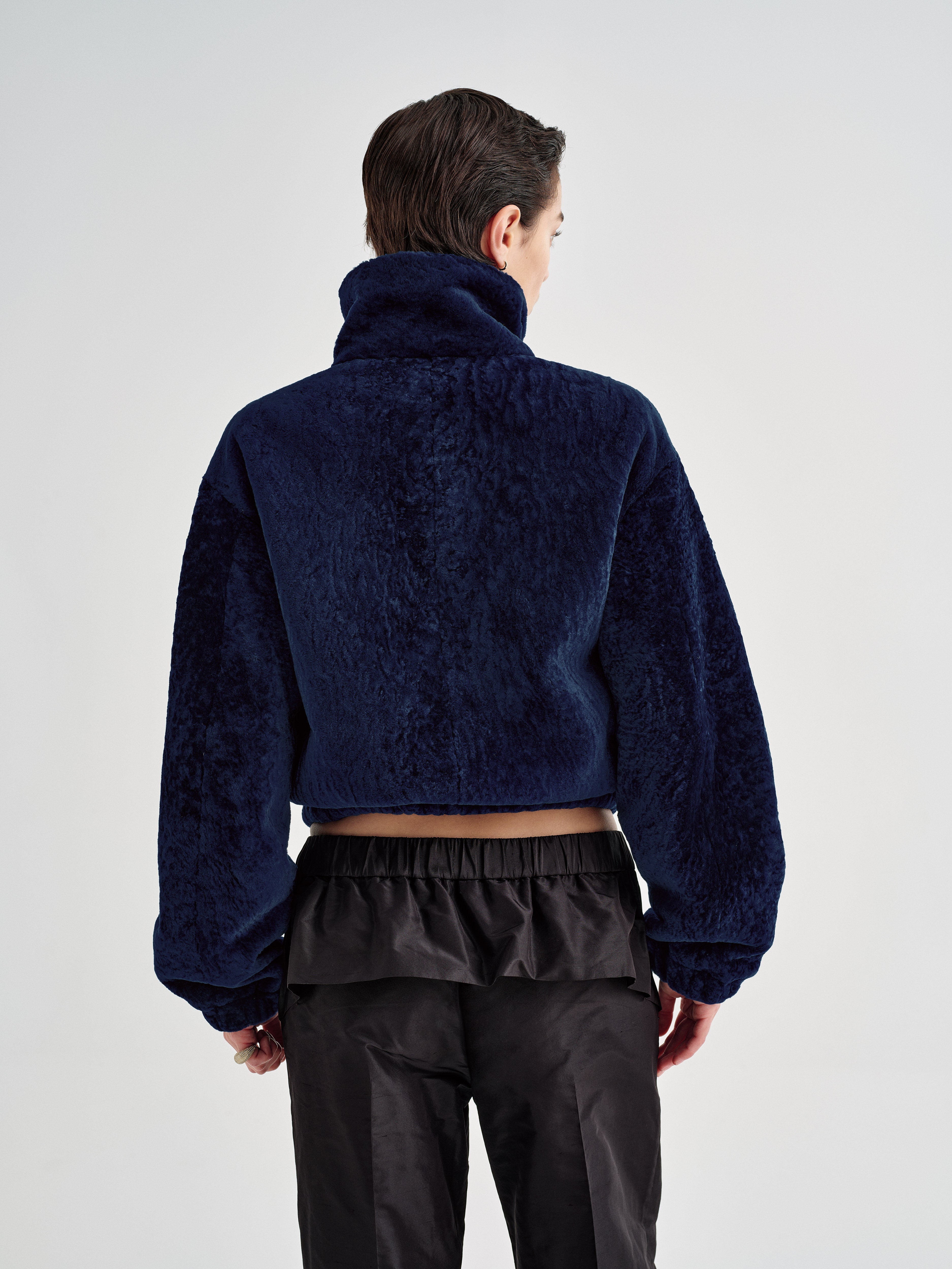 AFLALO Agon Jacket in Shearling, Sapphire, back view on model