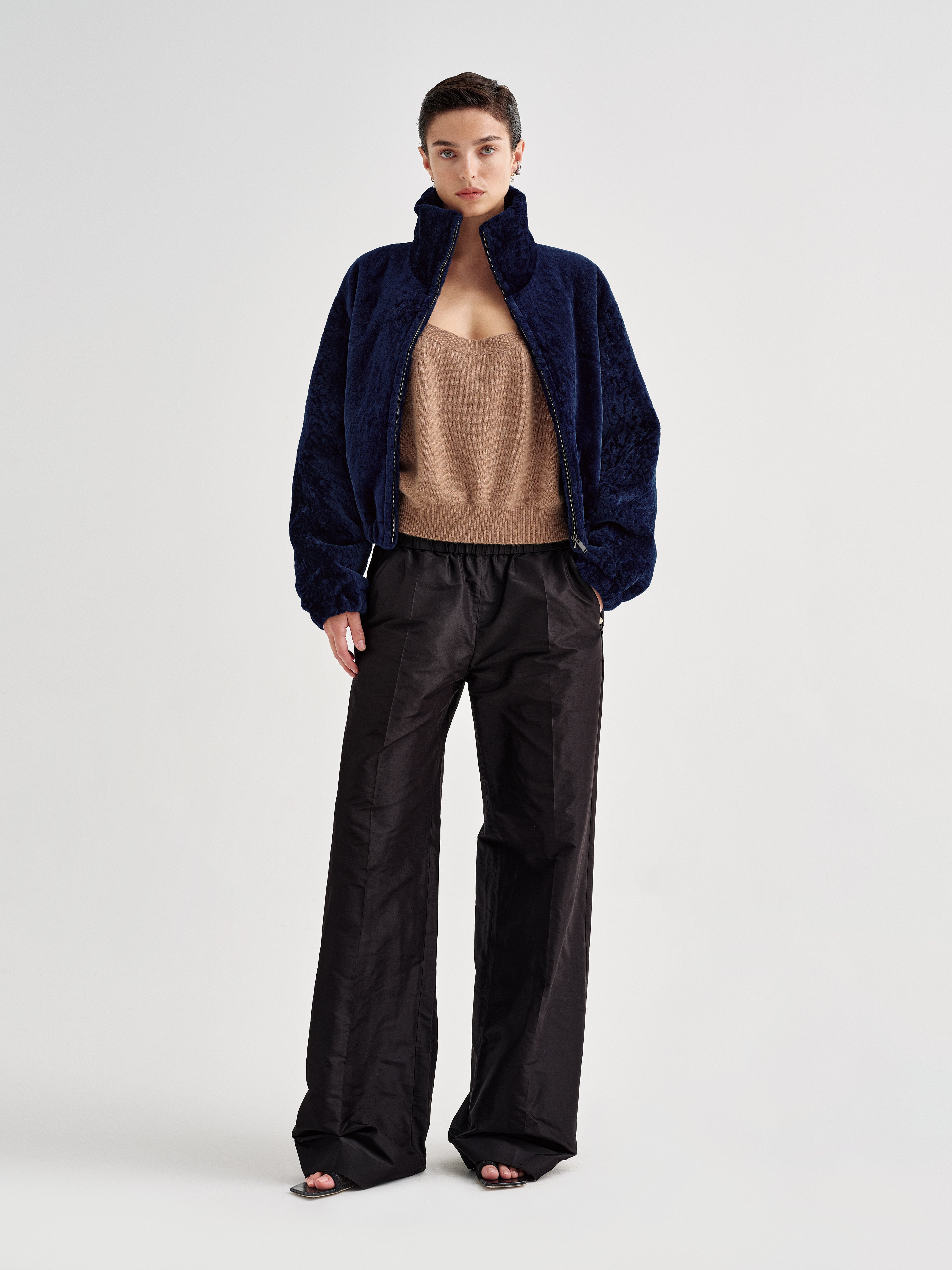 AFLALO Agon Jacket in Shearling, Sapphire, front view on model