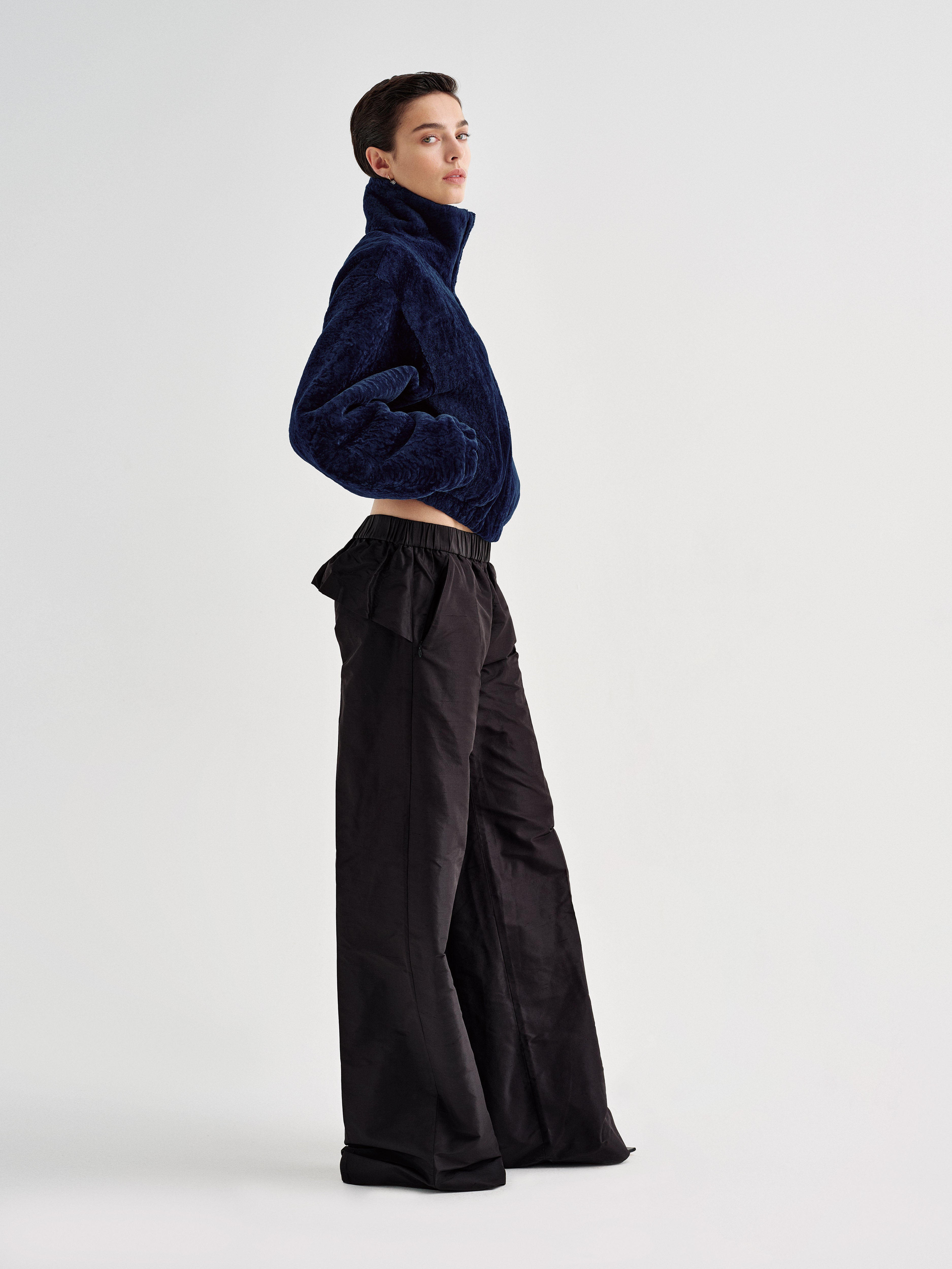 AFLALO Agon Jacket in Shearling, Sapphire, side view on model