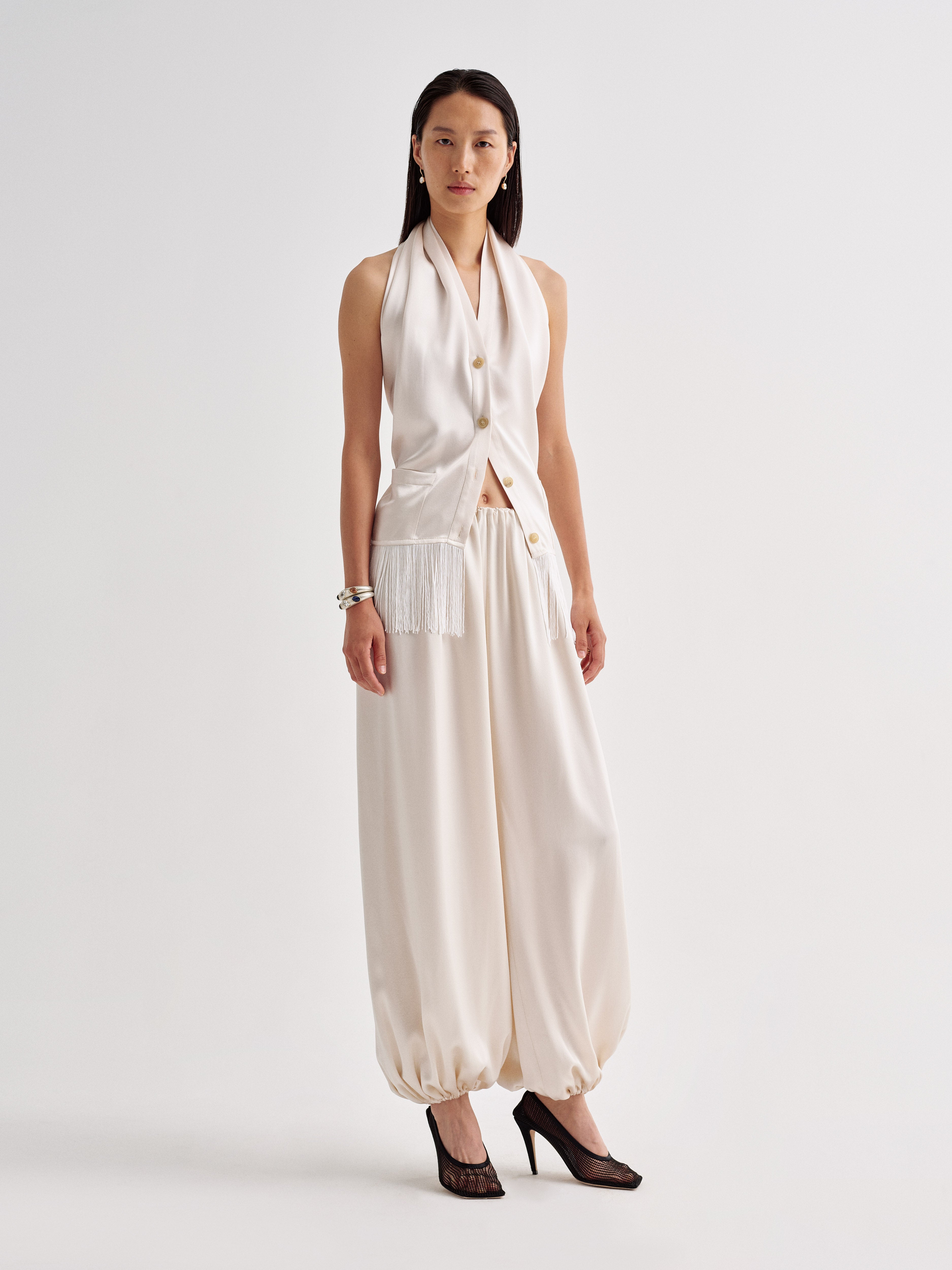 AFLALO Alere Top in Silk, Ivory, front view on model