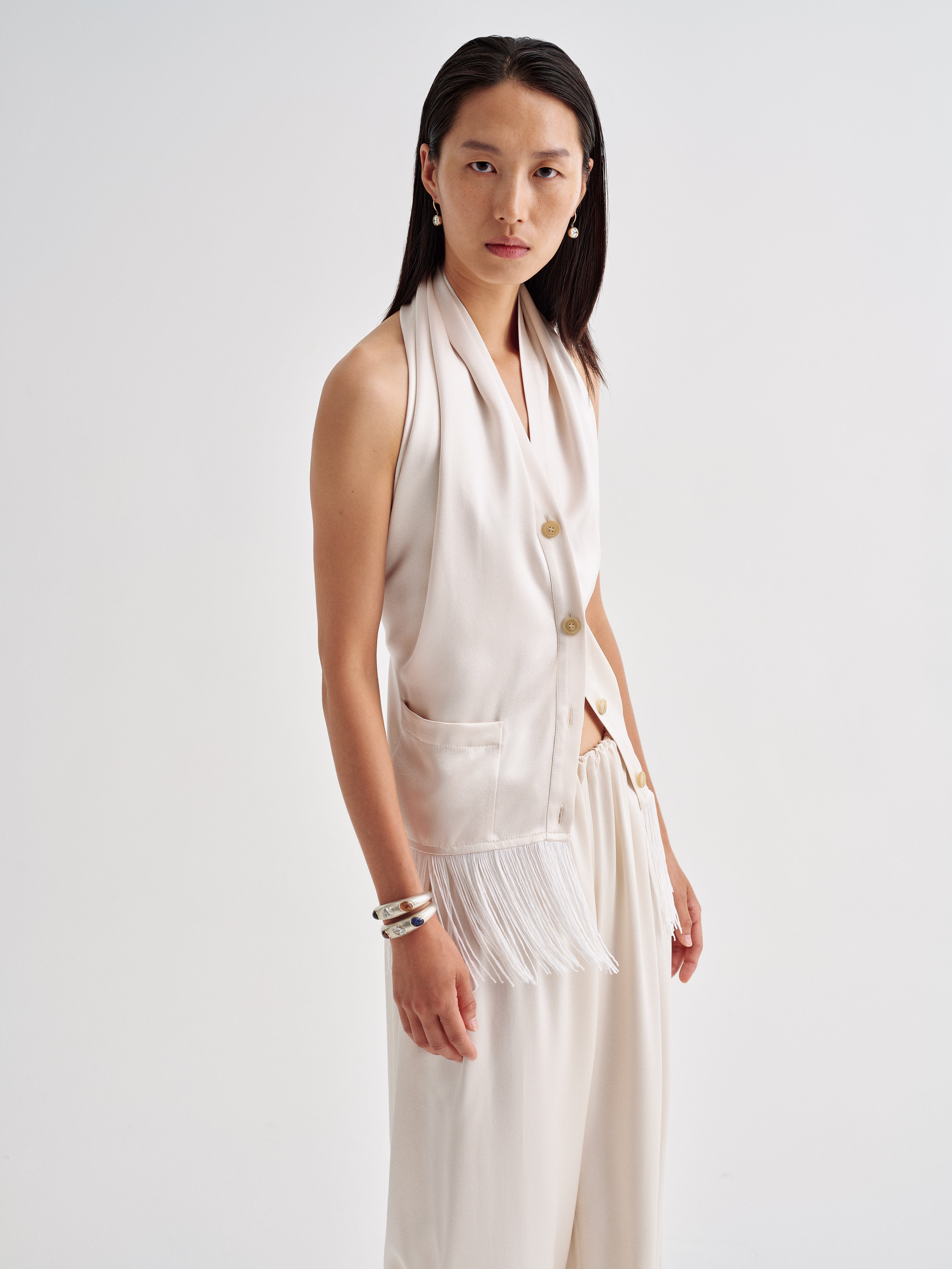 AFLALO Alere Top in Silk, Ivory, front view on model