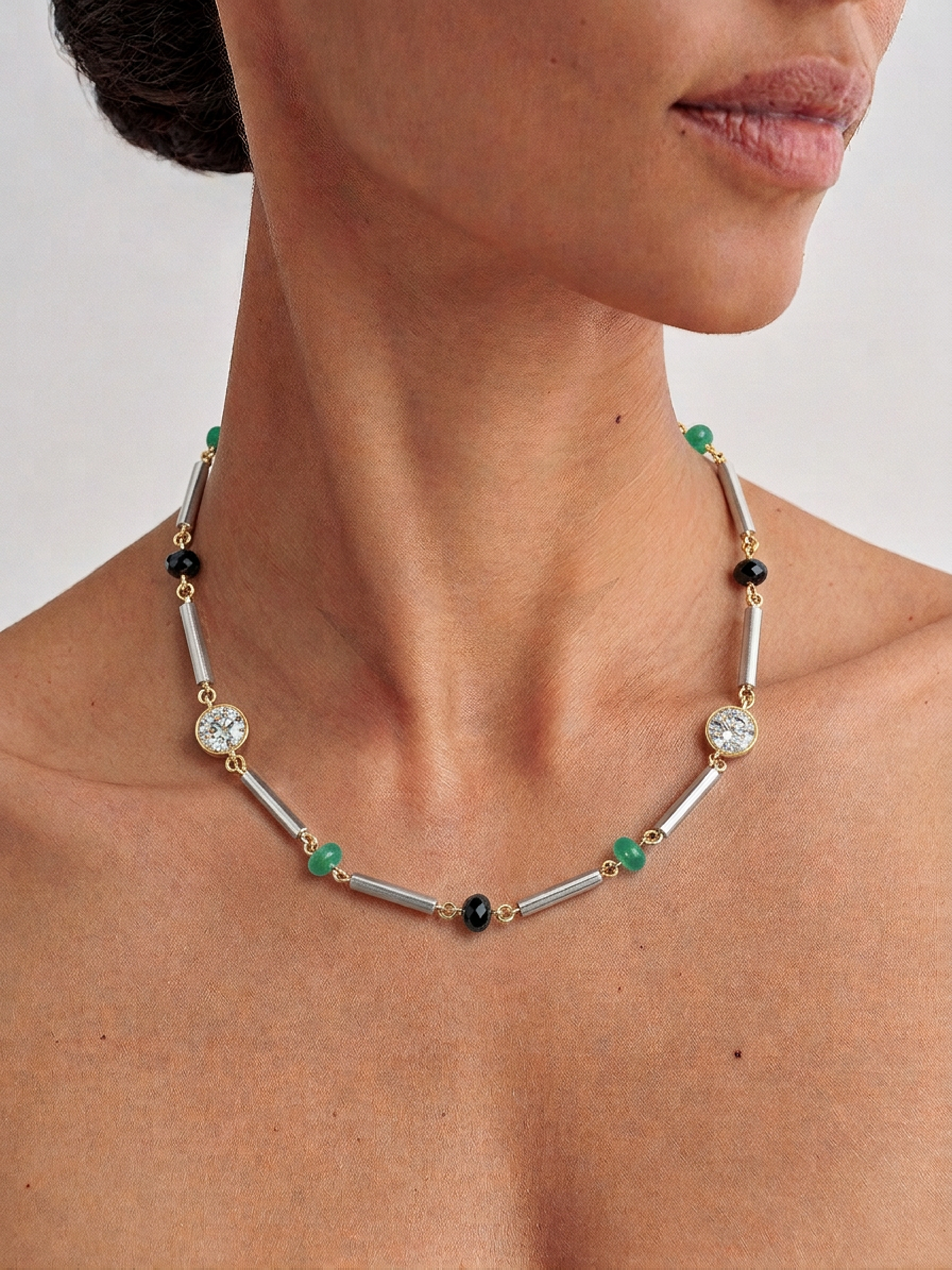 AFLALO Bar and Bead Necklace in Silver, close-up on model