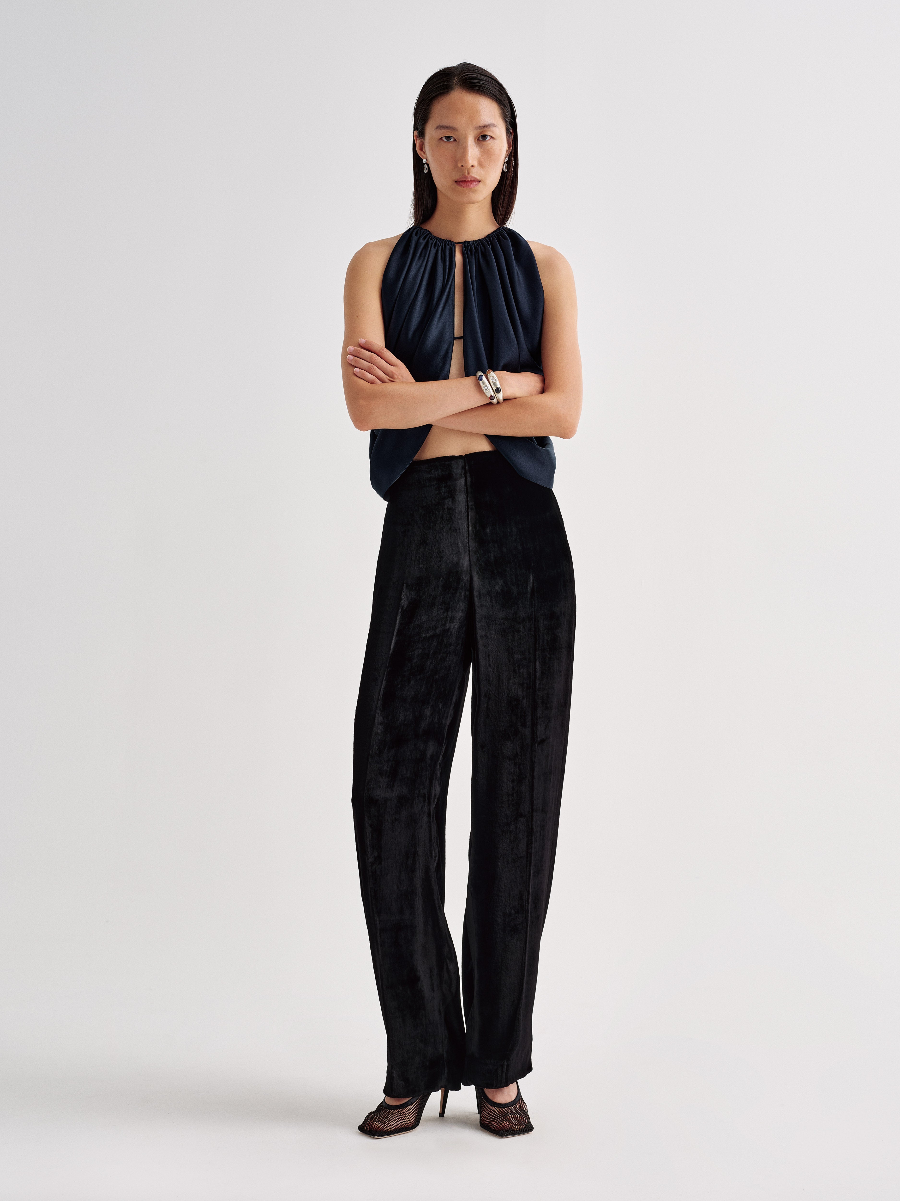 AFLALO Ellis Pant in Velvet, Black, front view on model