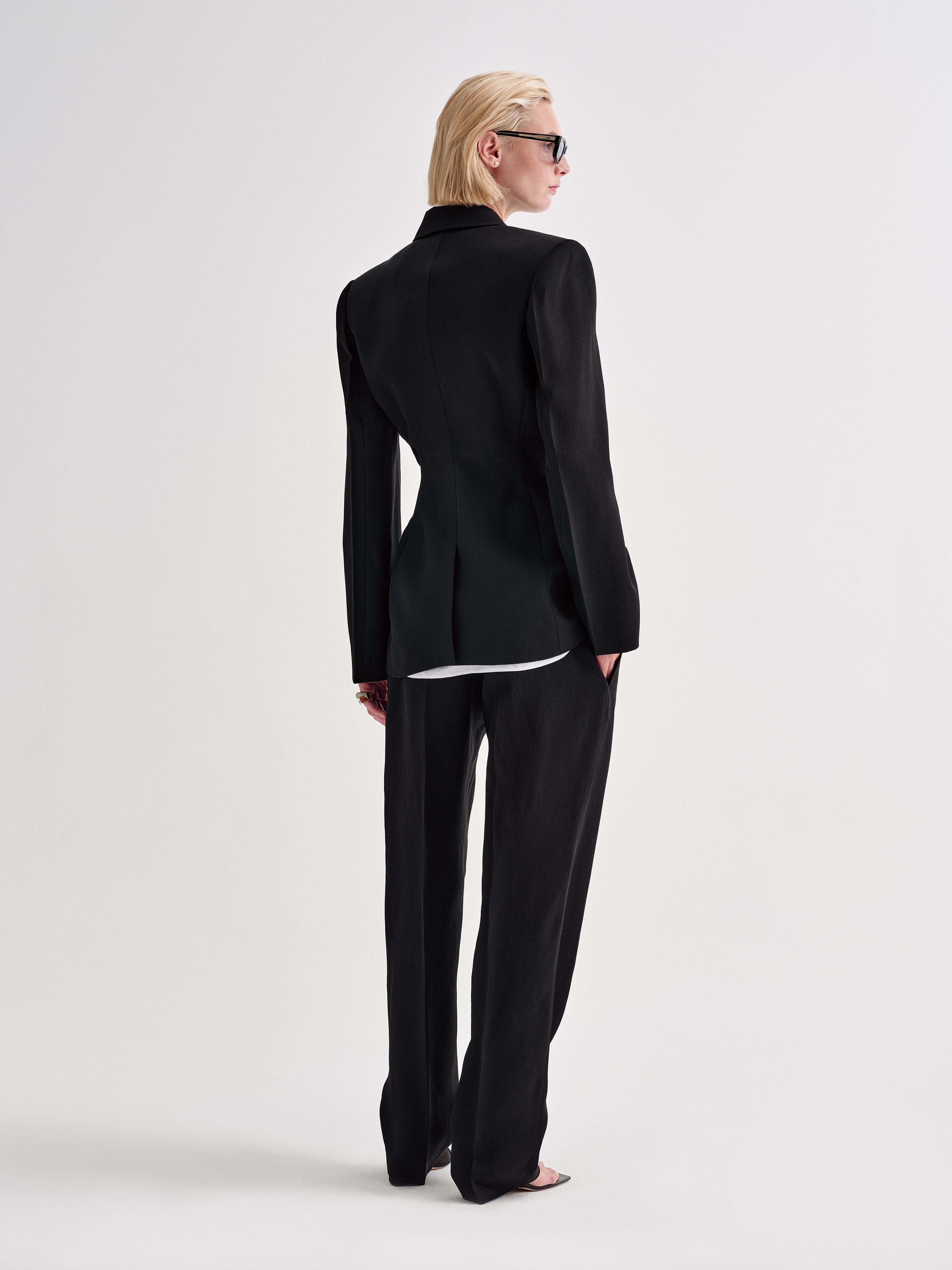 AFLALO Danika Trouser in Viscose Silk, Black, and Gallo Blazer in Viscose Silk, Black, back view on model