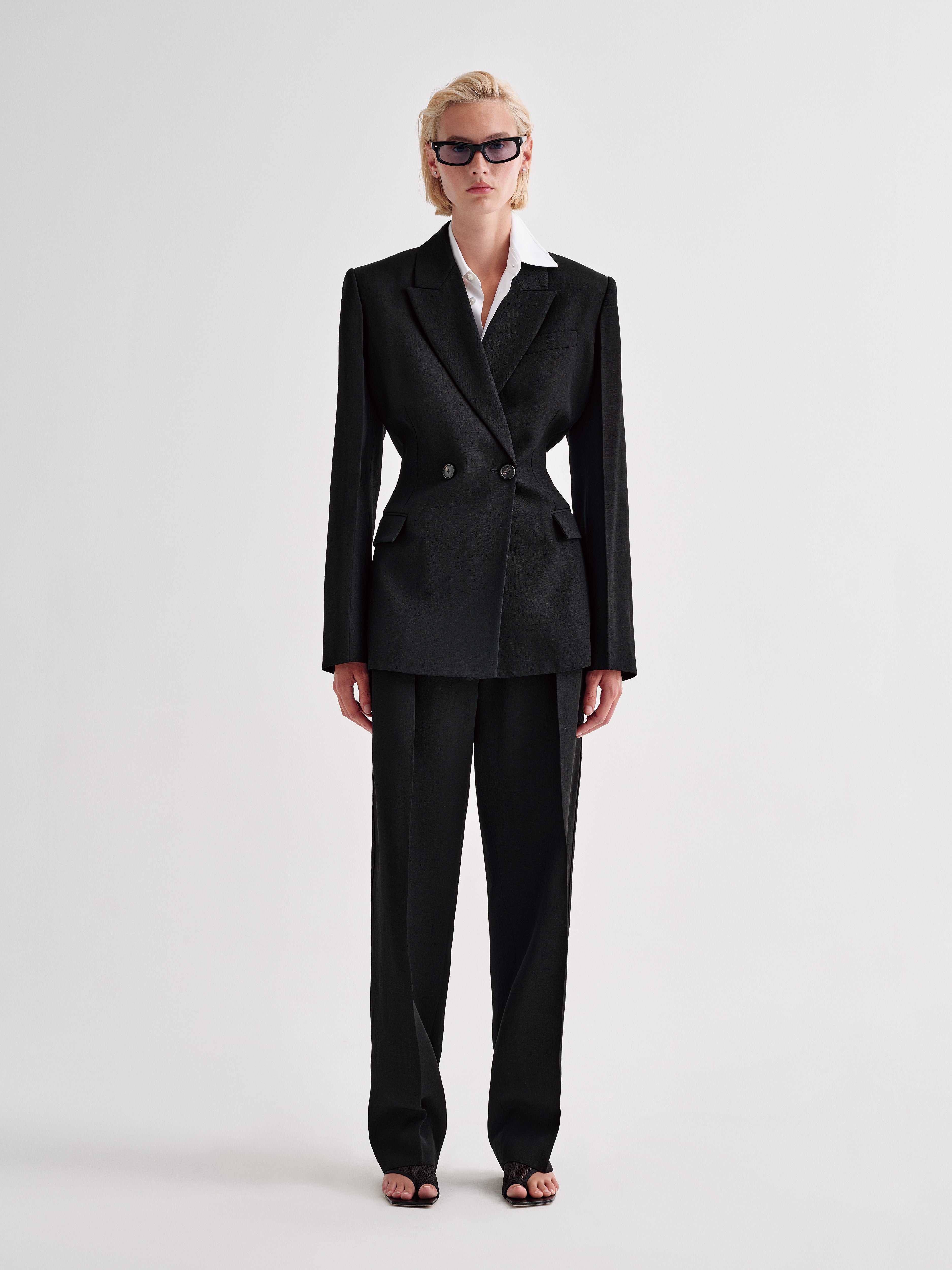 AFLALO Danika Trouser in Viscose Silk, Black, and Gallo Blazer in Viscose Silk, Black, front view on model