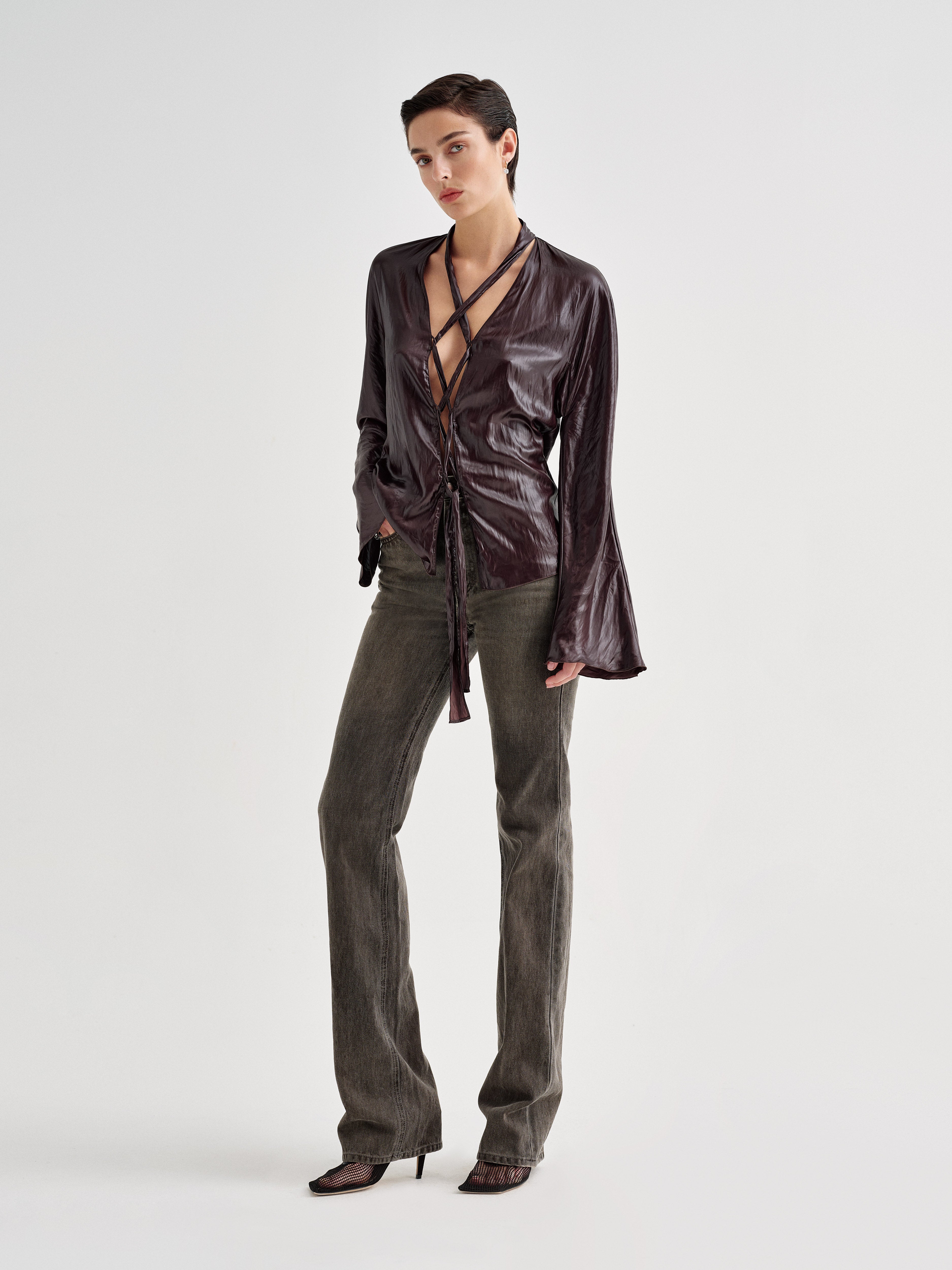 AFLALO Jovi Top in Silk, Espresso, front view on model
