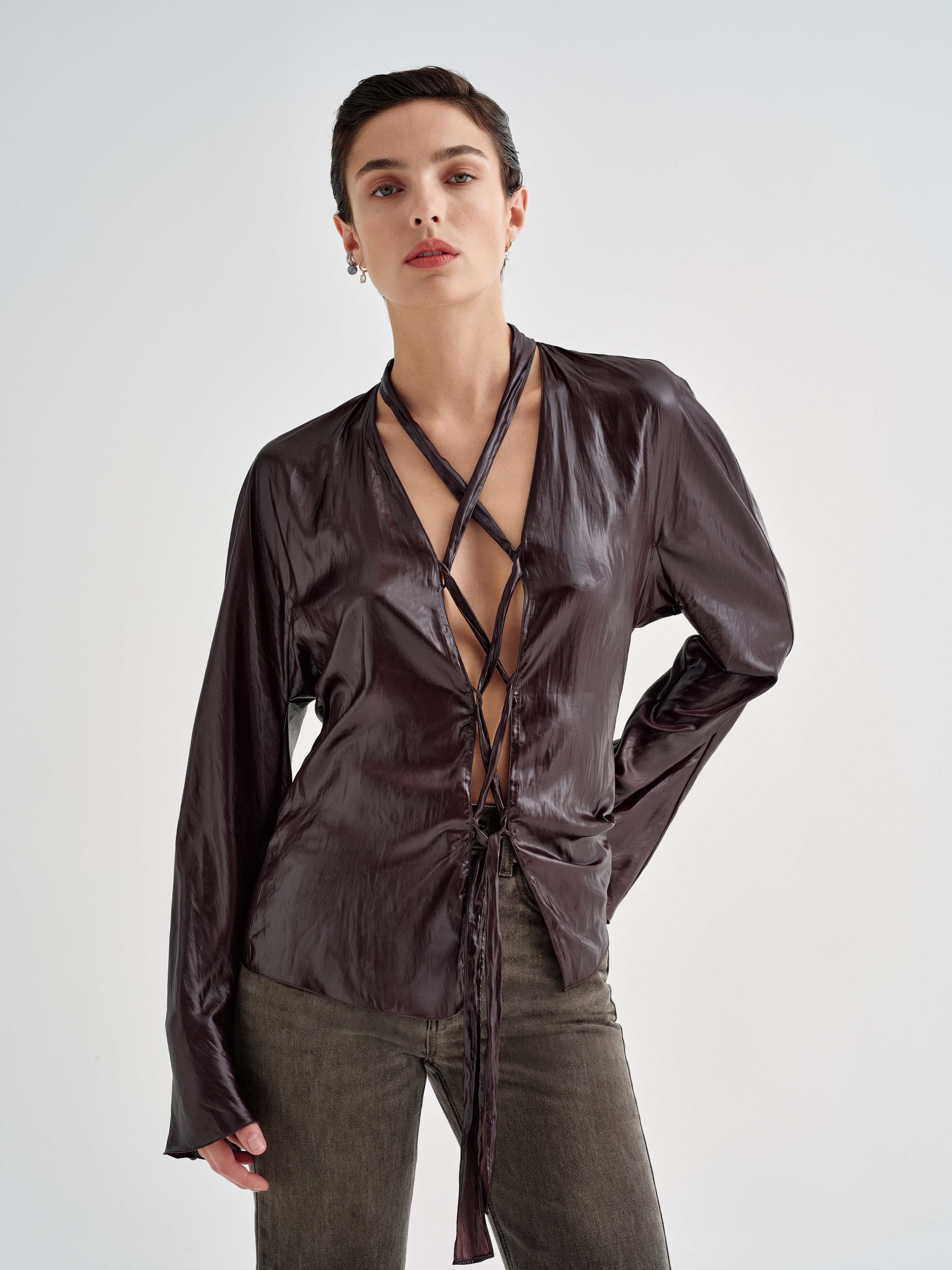 AFLALO Jovi Top in Silk, Espresso, front view on model