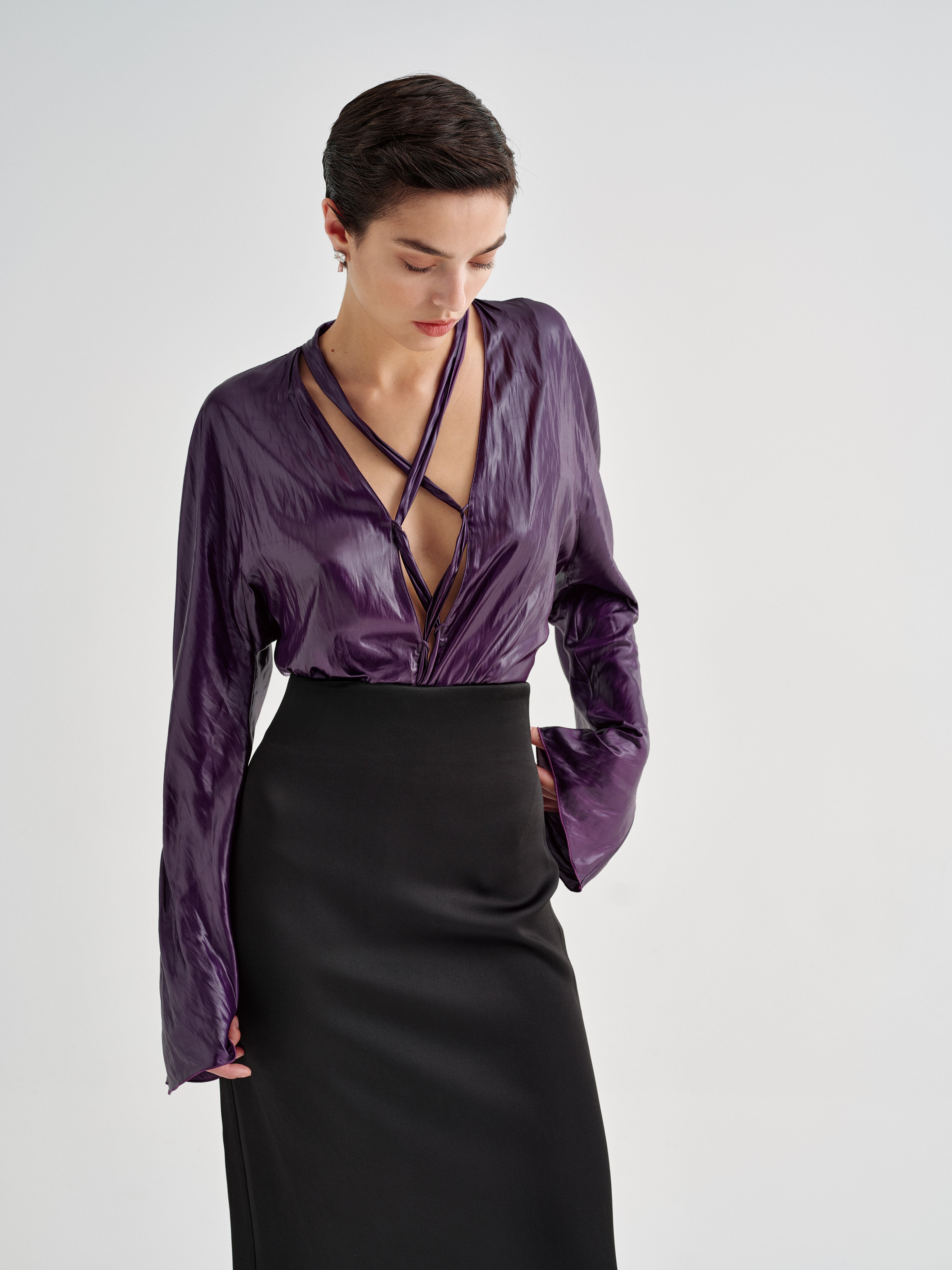 AFLALO Jovi Top in Silk, Iris, front view on model