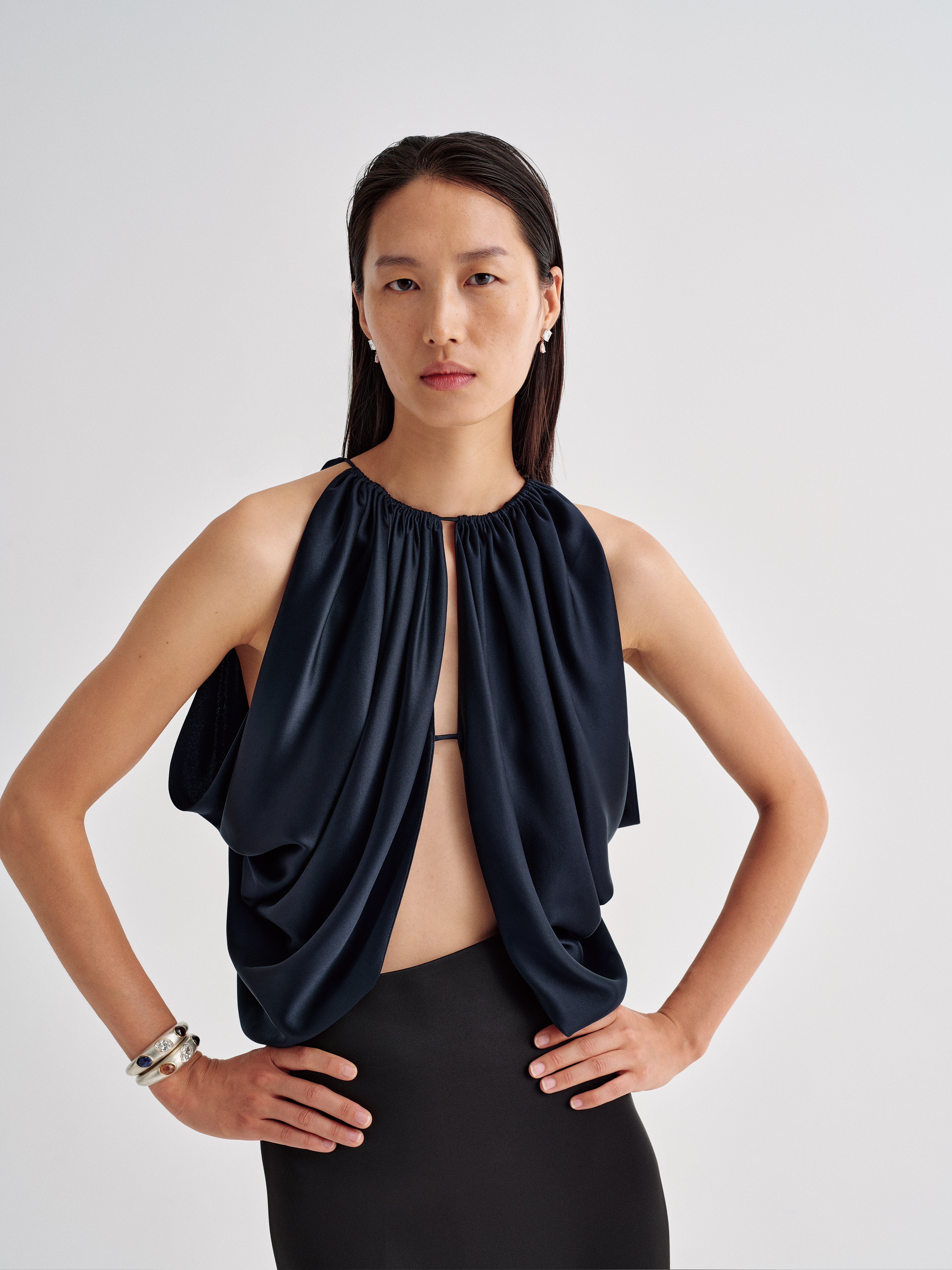 AFLALO Reysa Top in Silk, Midnight, front view on model