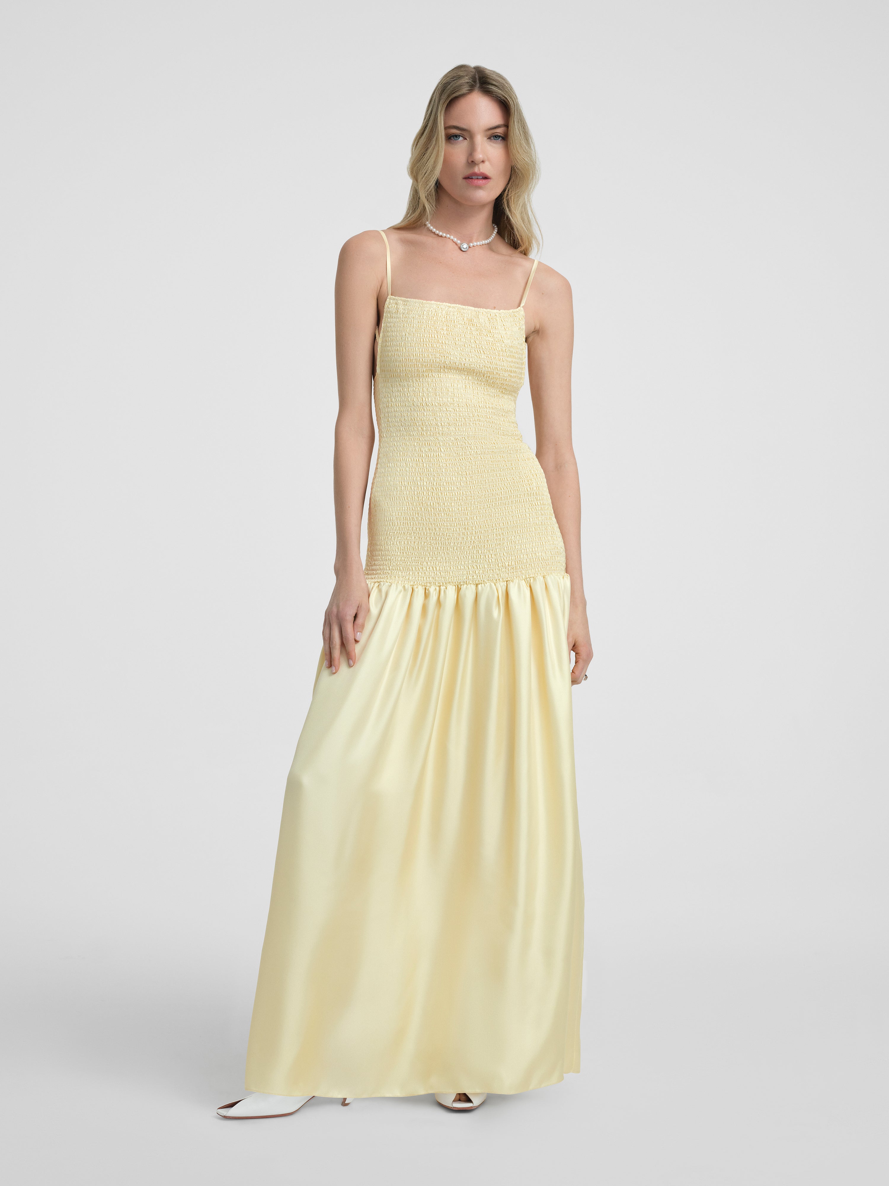 AFLALO Lumea Dress in Silk – Butter - Model Front Posed