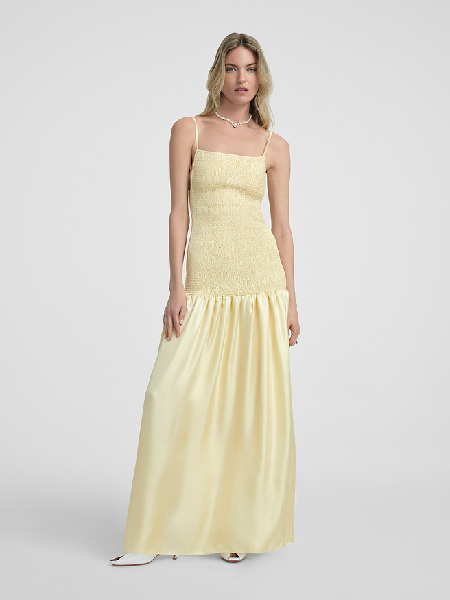 AFLALO Lumea Dress in Silk – Butter - Model Front Posed