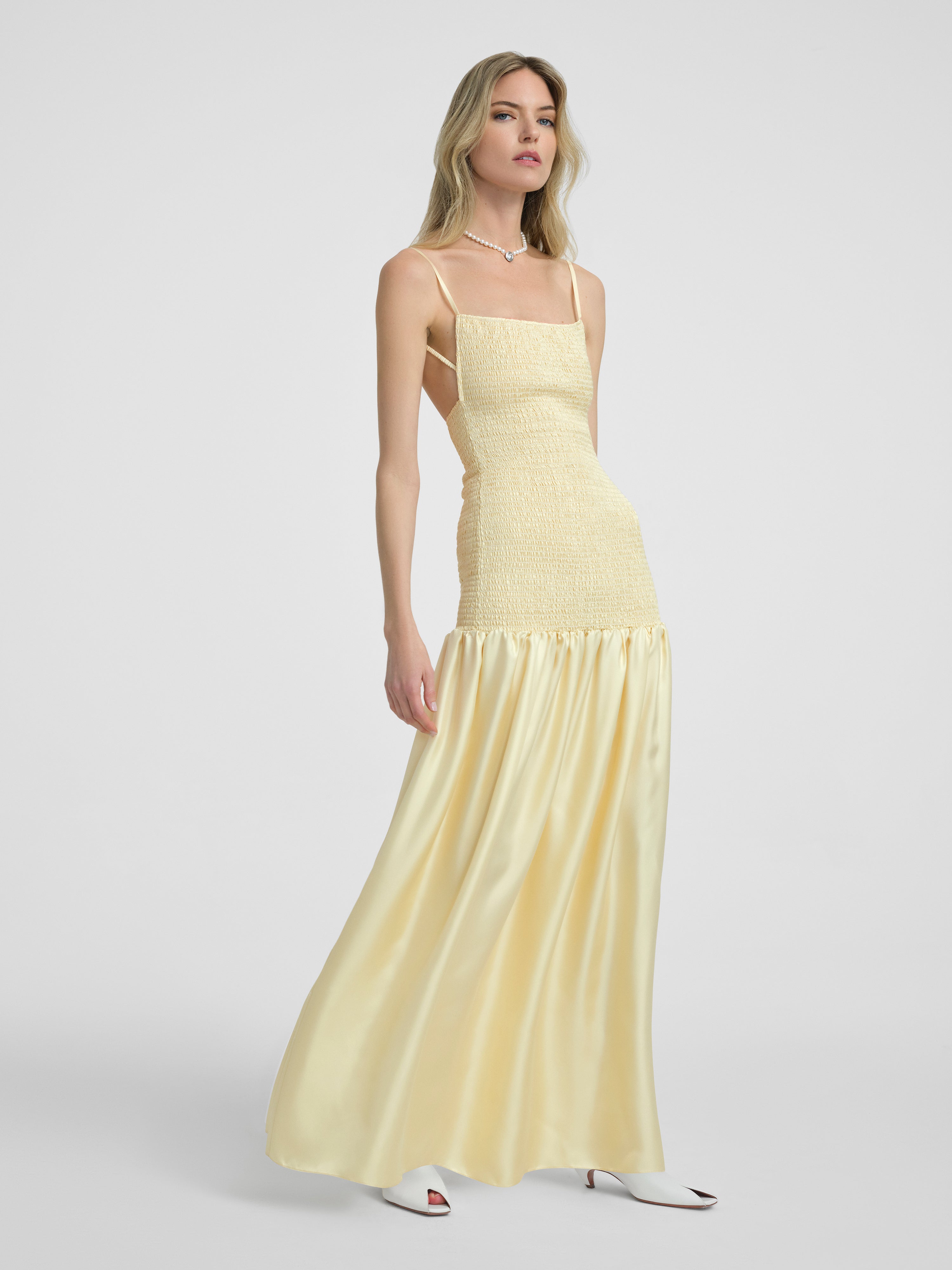 AFLALO Lumea Dress in Silk – Butter - Model Front Slant