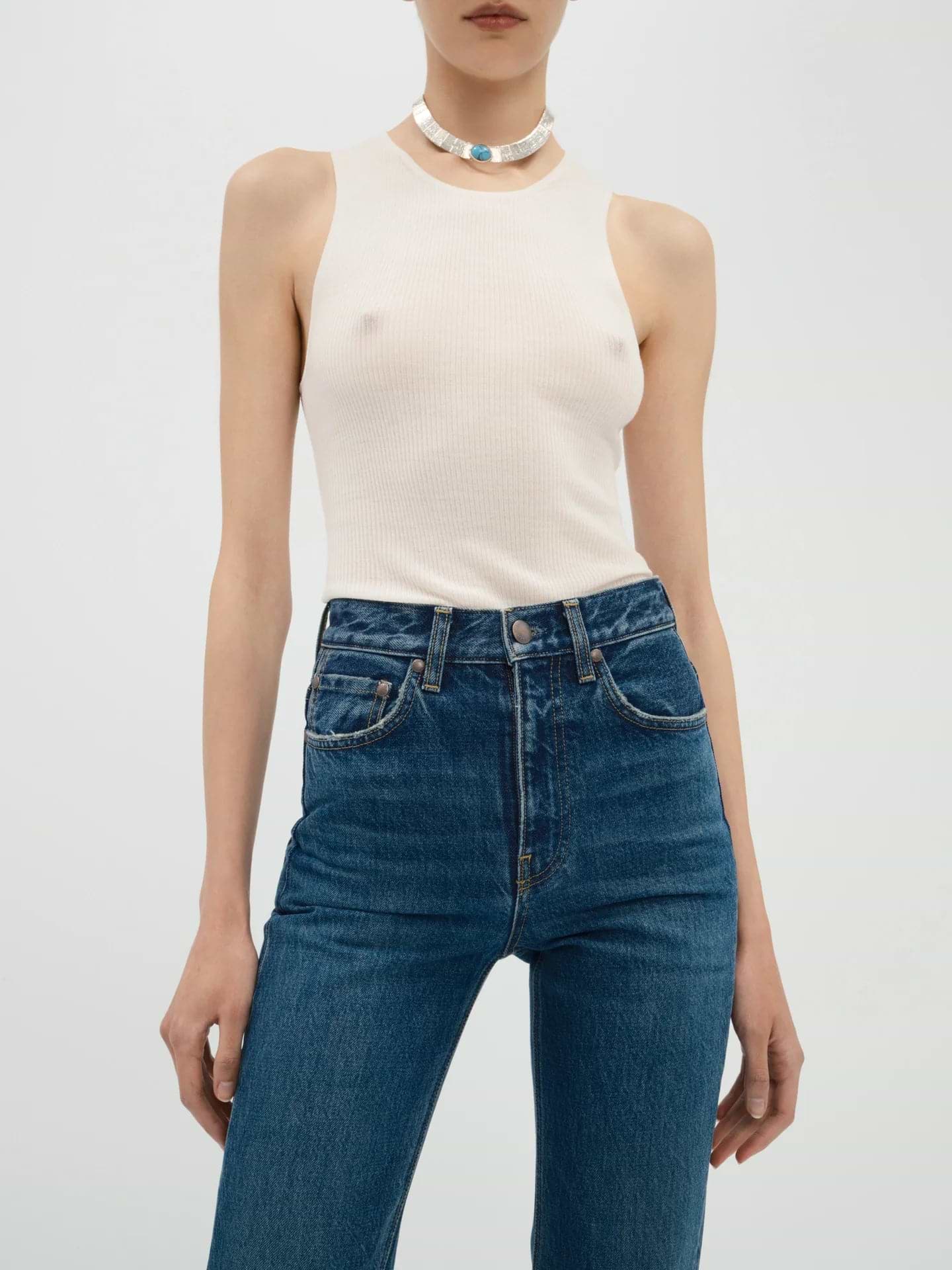 AFLALO Brontë Jean – Subdued Indigo Rigid Denim - Model Front Detail