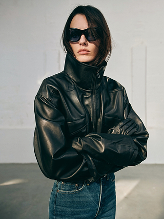 AFLALO Zadie Jacket in Leather – Black - Campaign Model Front Close Up