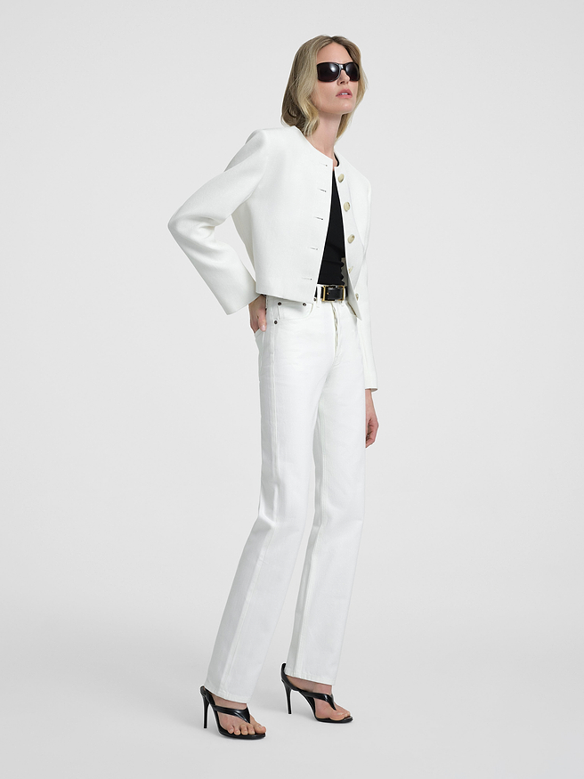 AFLALO Bastion Jacket in Silk Viscose – Ivory - Model Front Side