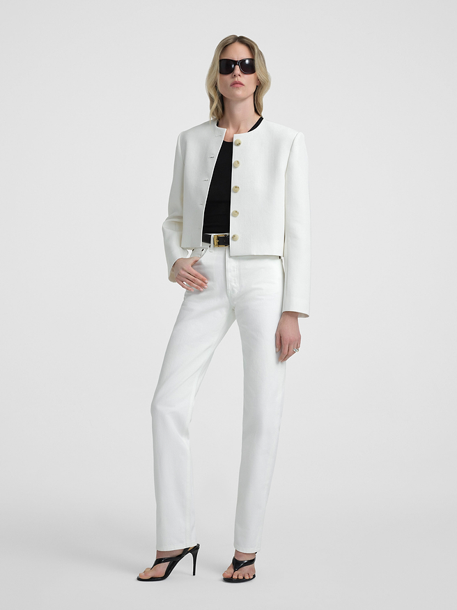 AFLALO Bastion Jacket in Silk Viscose – Ivory - Model Front
