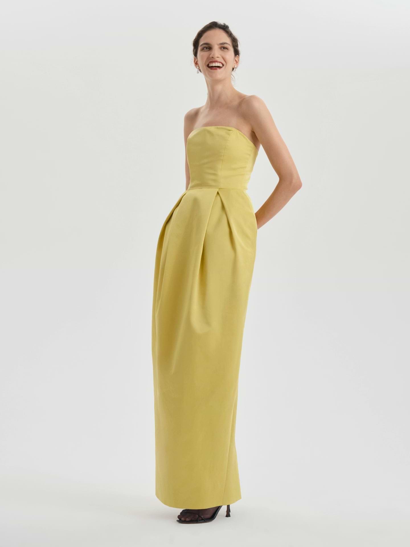 AFLALO Alune Dress in Wool Silk – Citron - Model Front Tilt