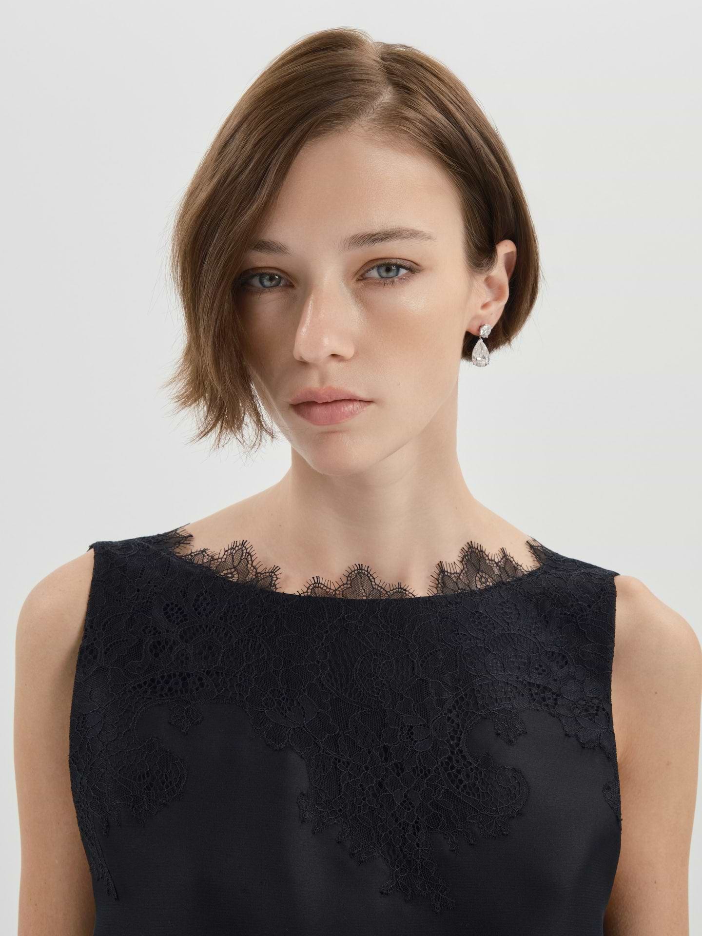 AFLALO Keaton Dress in Silk – Black - Model Front Close Up