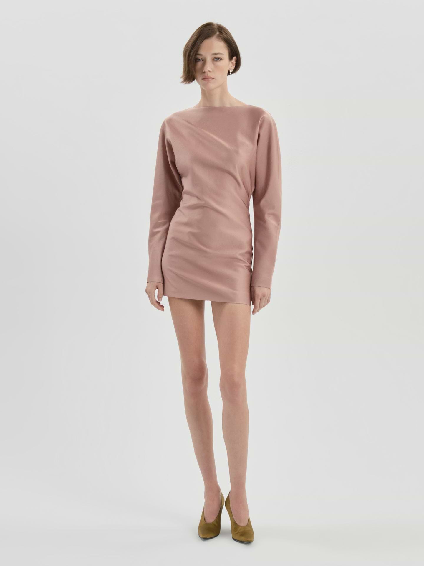 AFLALO Lanya Dress in Wool Silk – Adobe Rose - Model Front