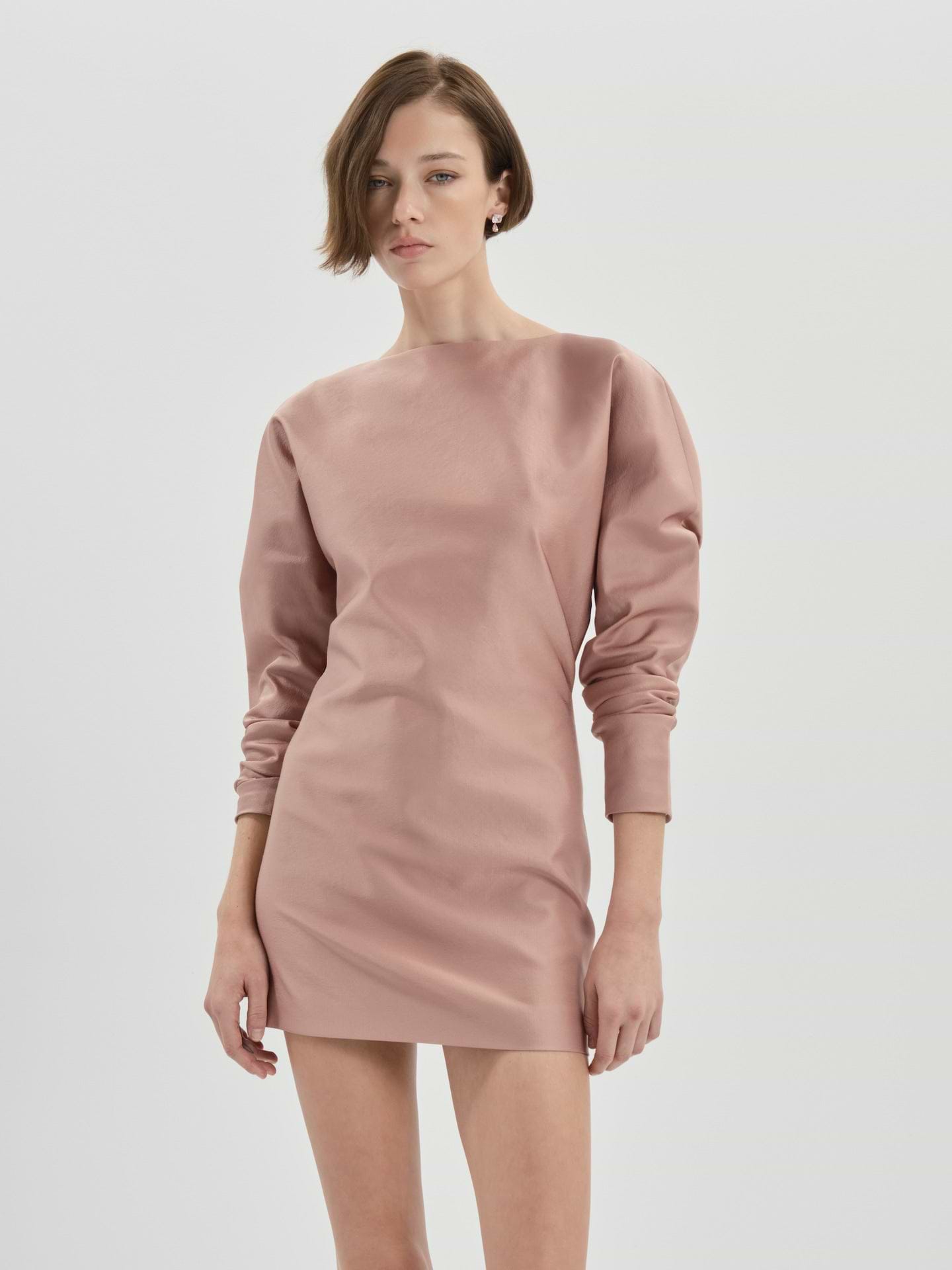AFLALO Lanya Dress in Wool Silk – Adobe Rose - Model Front Zoomed