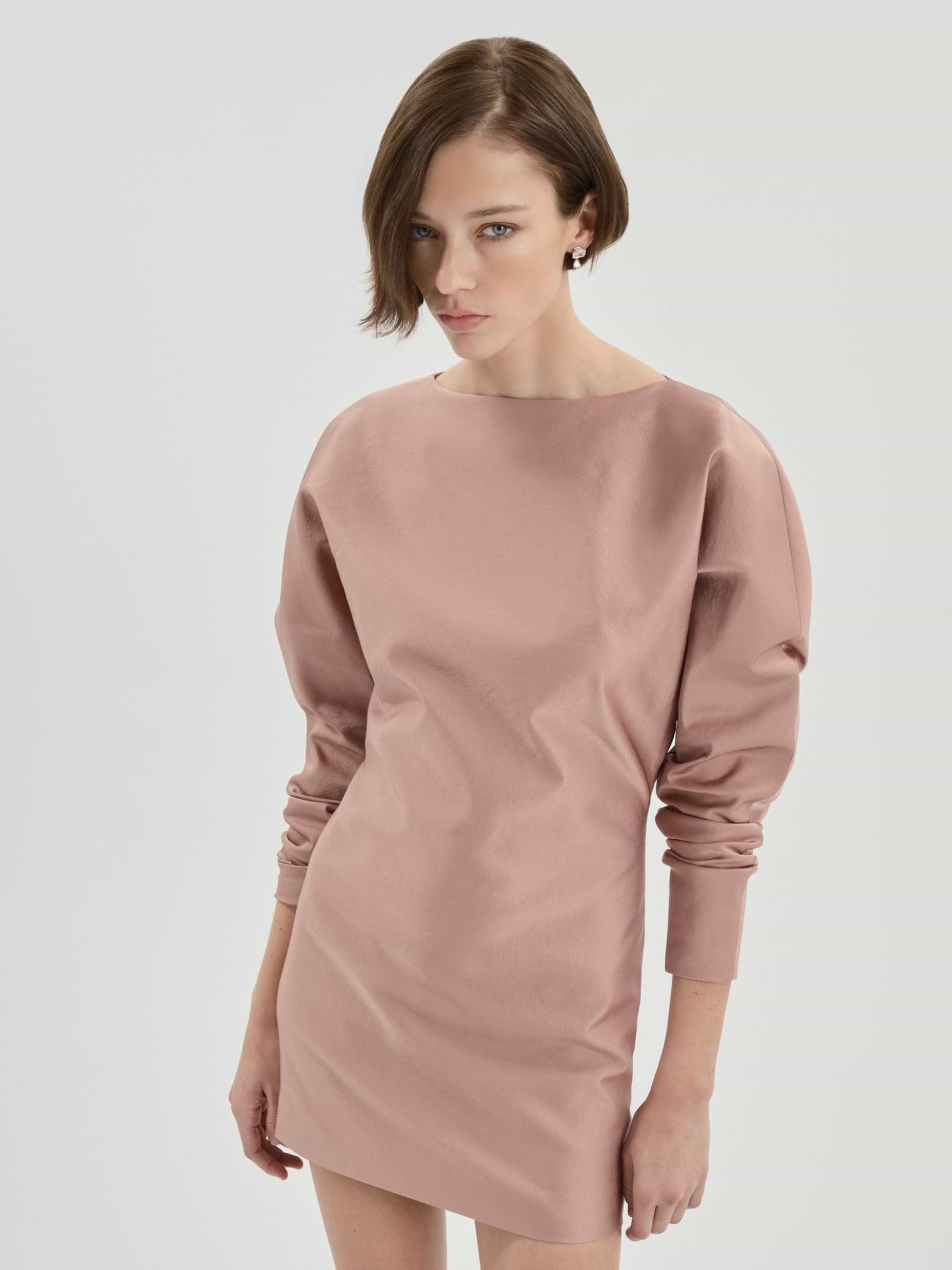 AFLALO Lanya Dress in Wool Silk – Adobe Rose - Model Front Zoomed
