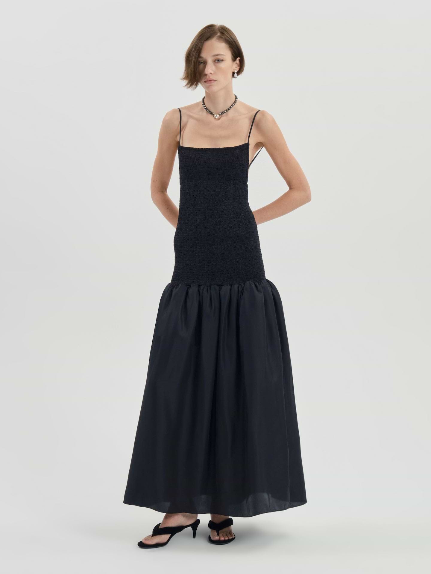 AFLALO Lumea Dress in Silk – Black - Model Front Posed