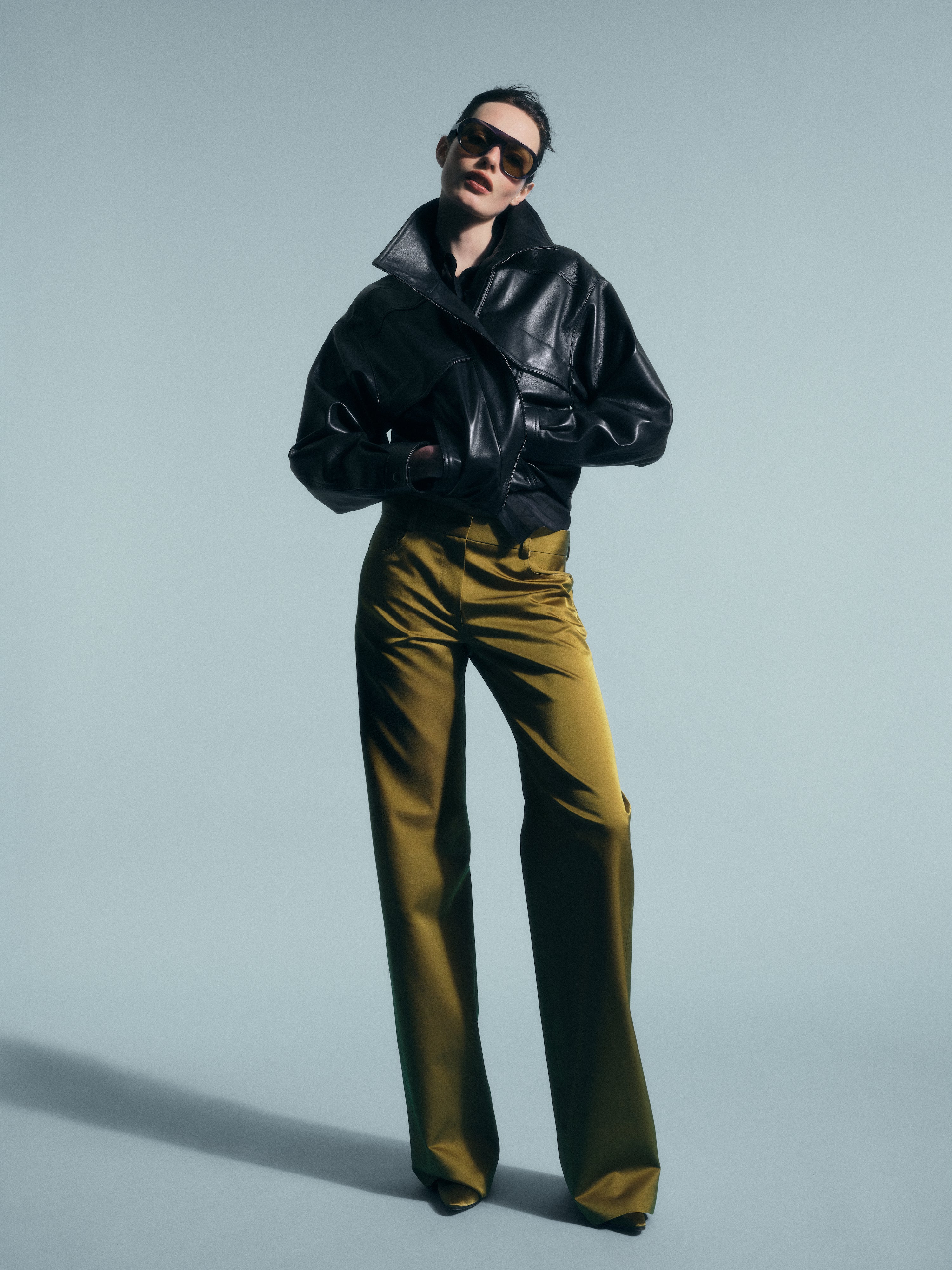AFLALO Junia Pant in Wool Silk – Olive - Model Front