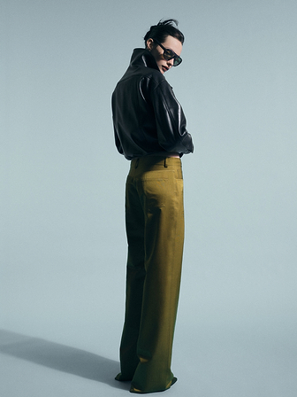 AFLALO Junia Pant in Wool Silk – Olive - Model Back