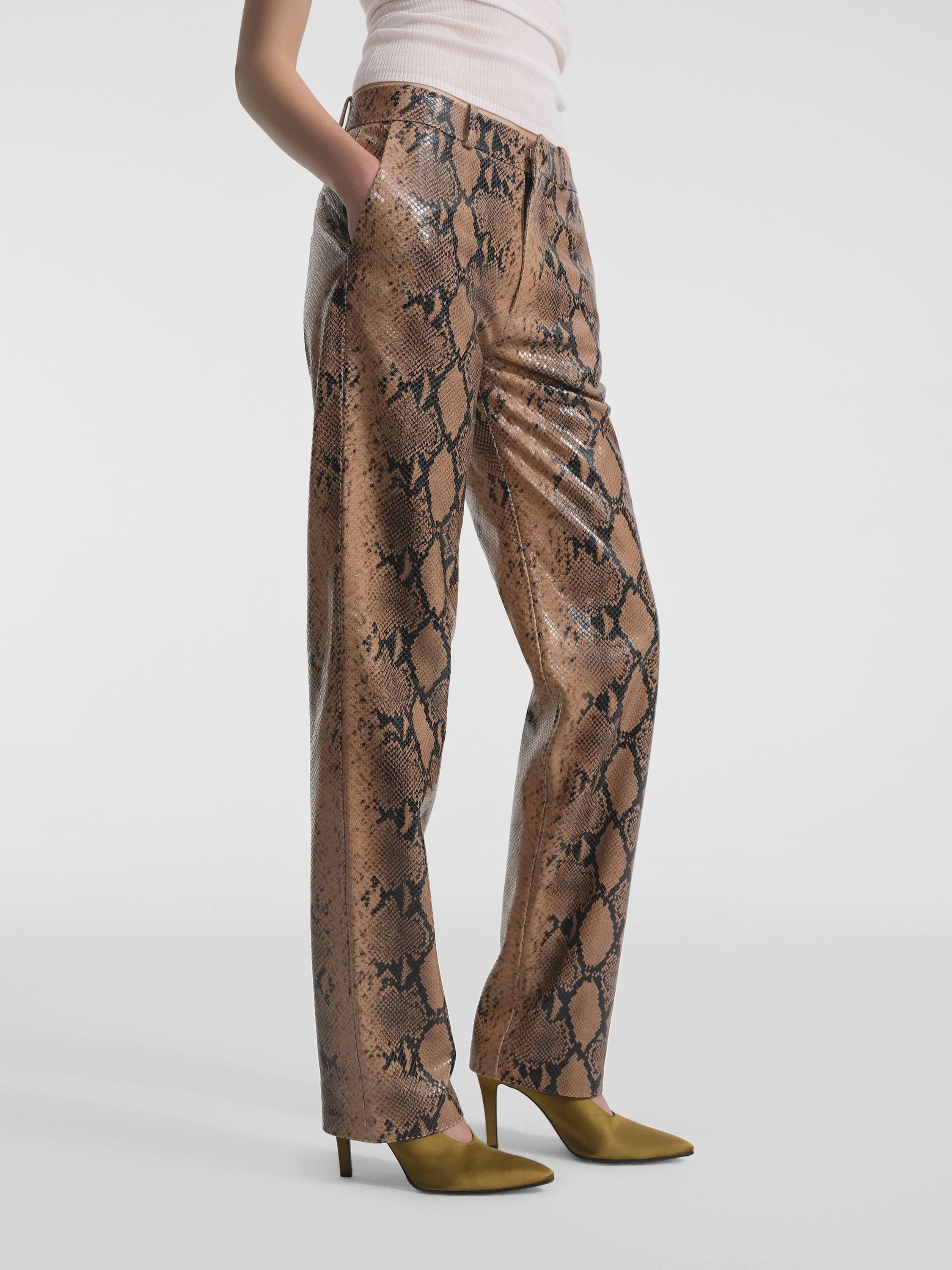 AFLALO Lazare Trouser in Python Embossed Leather – Copperhead - Model Front Detail