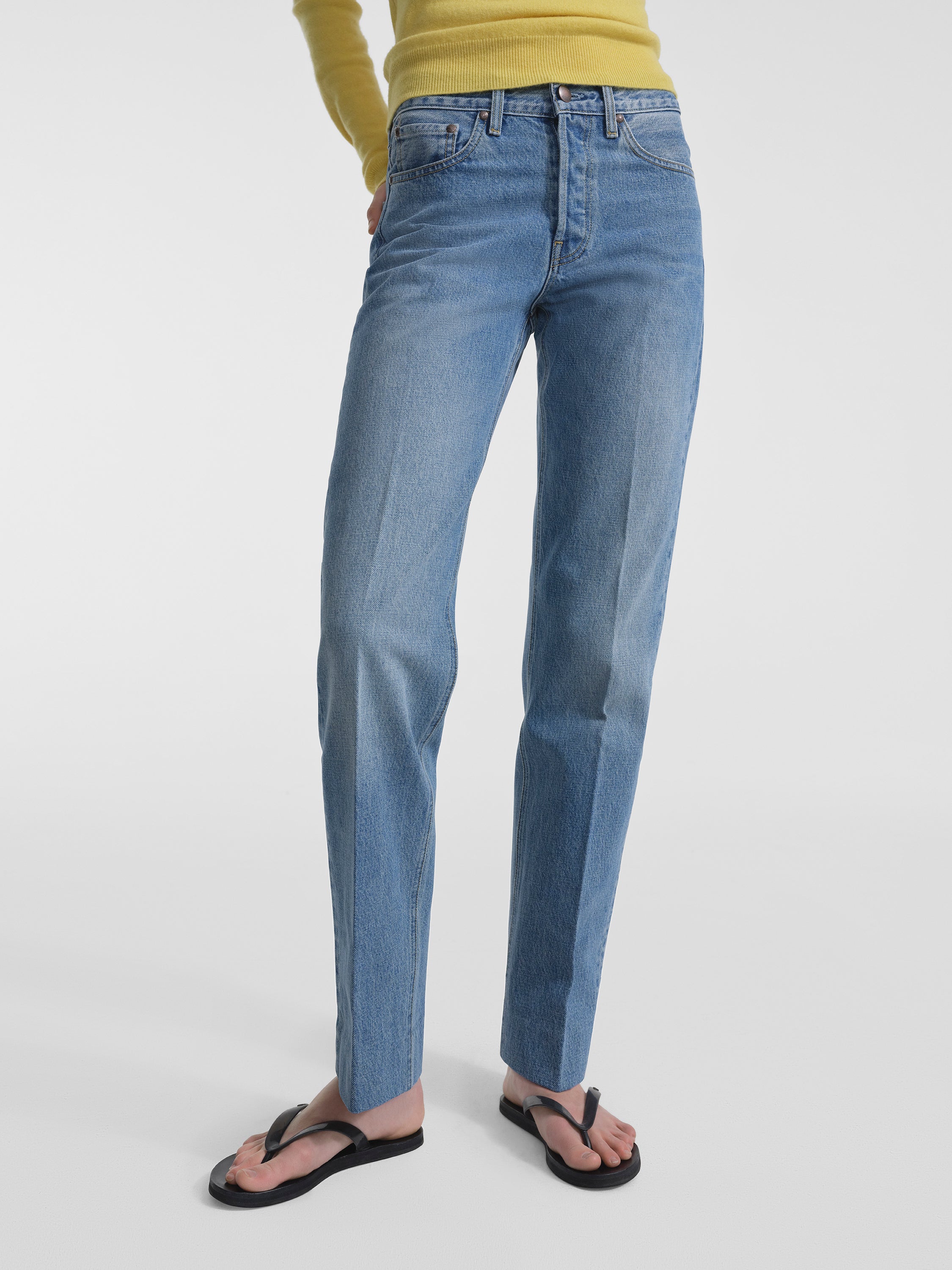 AFLALO Kundera Jean – Bruised Blue Rigid Denim - Model Front Detail