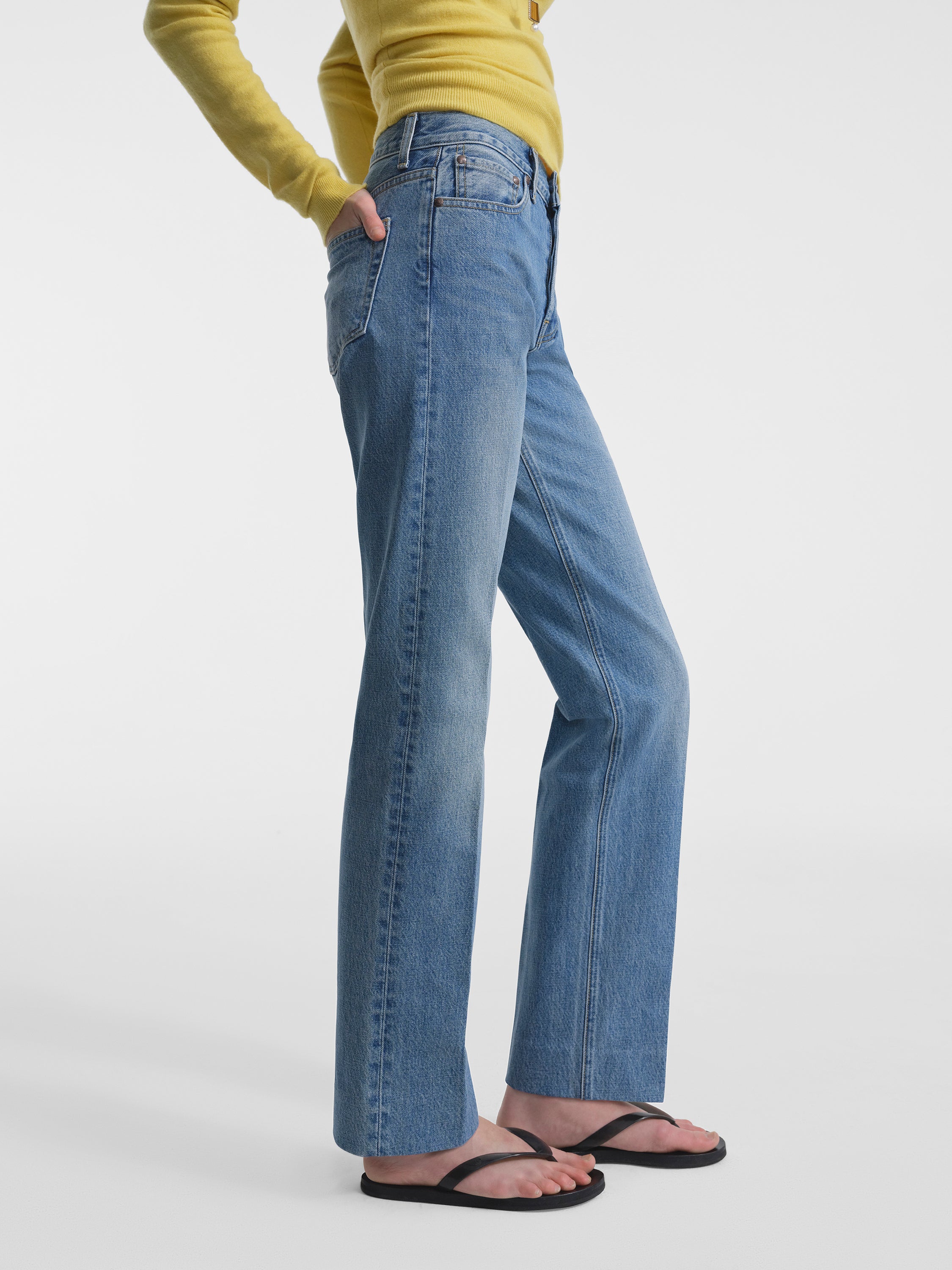 AFLALO Kundera Jean – Bruised Blue Rigid Denim - Model Side Detail