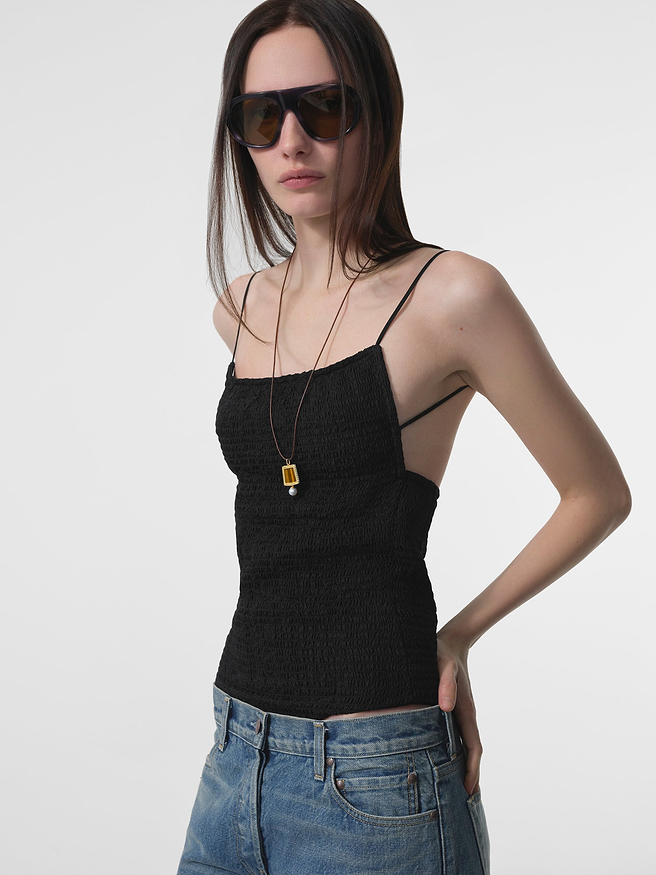 AFLALO Ruvina Top in Silk – Black - Model Front Closed Up