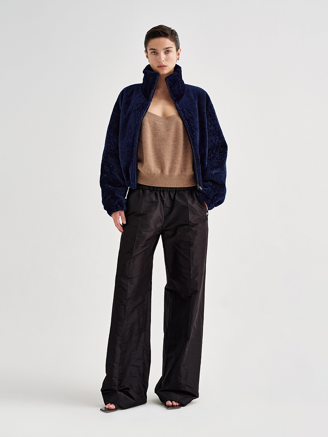 AFLALO Agon Jacket in Shearling, Sapphire, front view on model