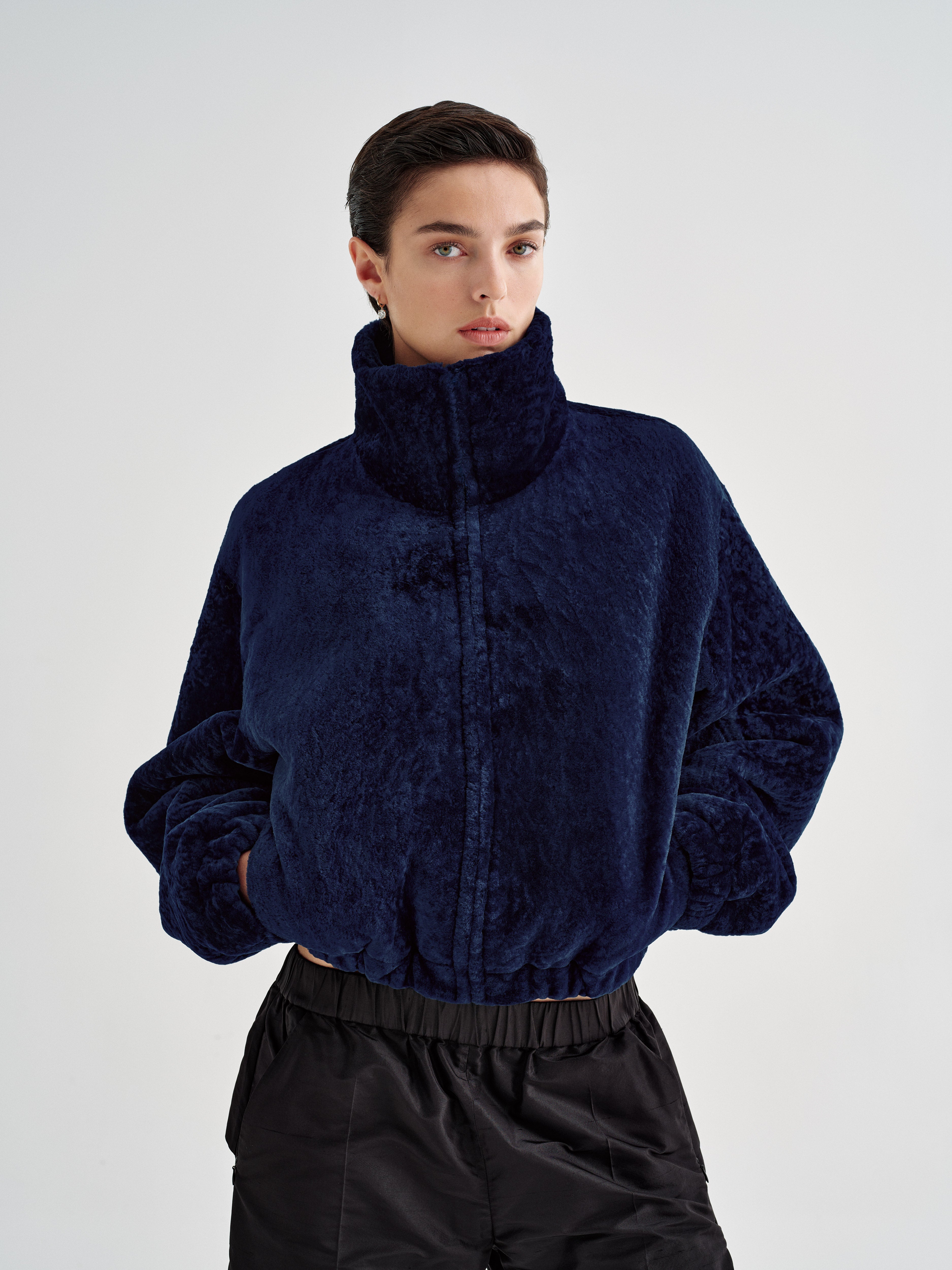 AFLALO Agon Jacket in Shearling, Sapphire, front view on model