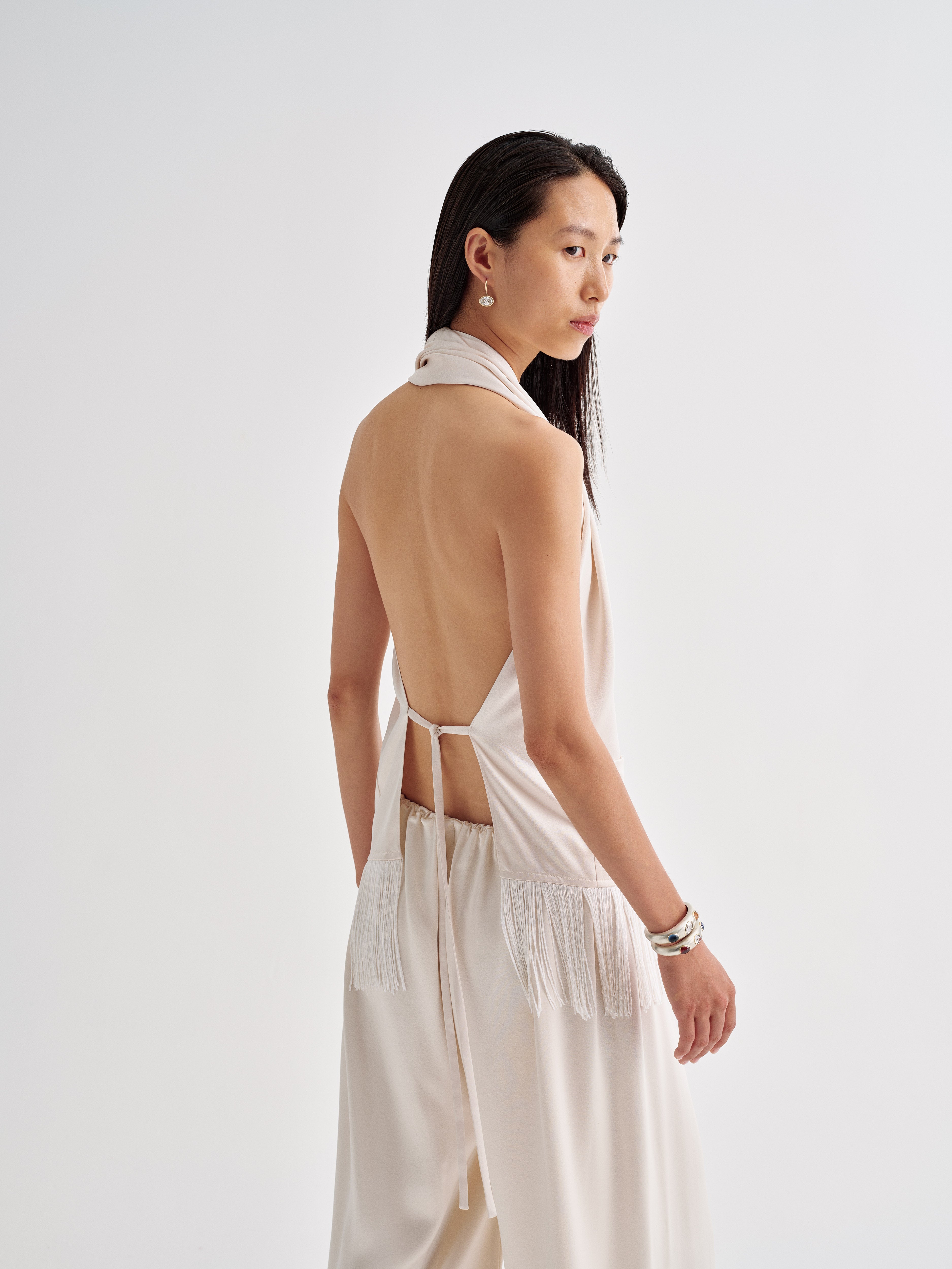 AFLALO Alere Top in Silk, Ivory, back view on model