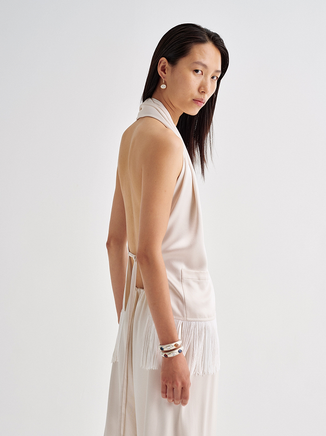 AFLALO Alere Top in Silk, Ivory, side view on model